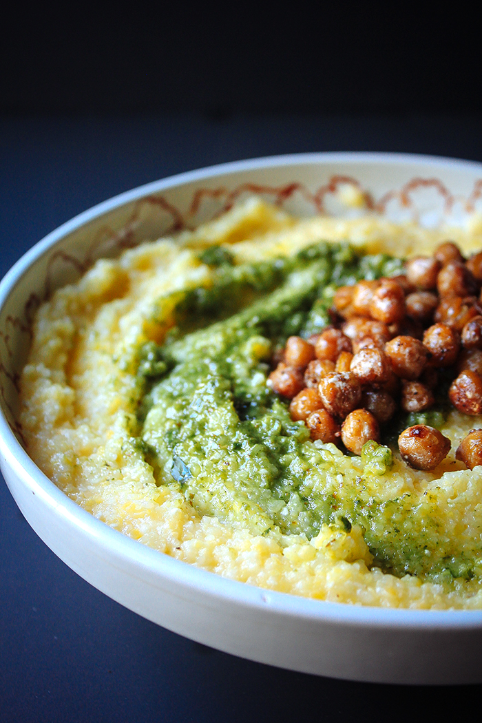 Vegan Cheese Polenta with Pesto + Chickpea