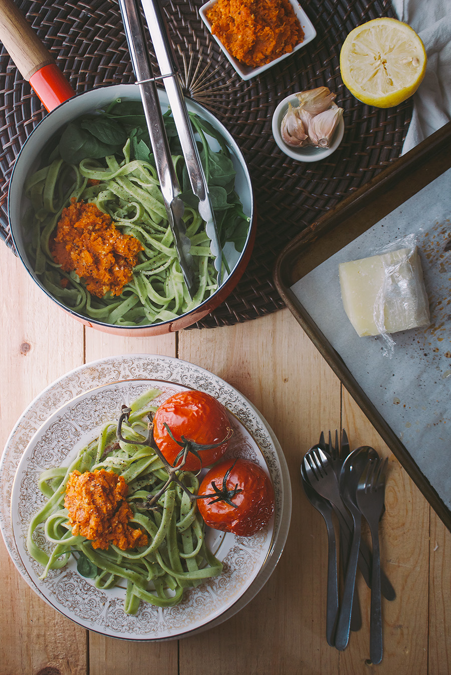Fresh Spinach Pasta with Roasted Carrot Almond Pesto