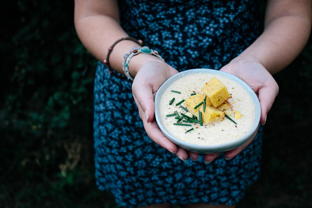 Vegan Corn Cream Soup With Cornbread Croutons