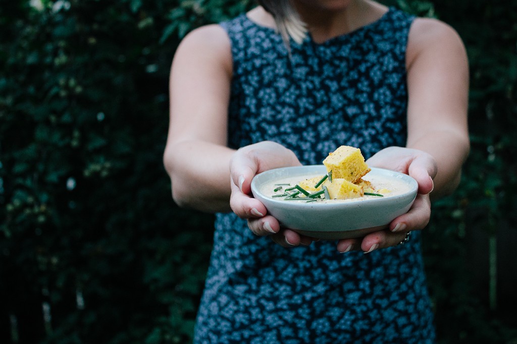 Vegan Corn Cream Soup With Cornbread Croutons