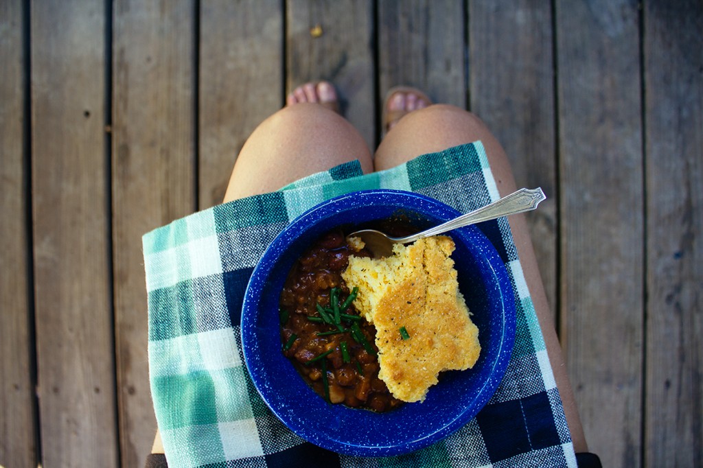 bowl of campfire chili with cornbread topping