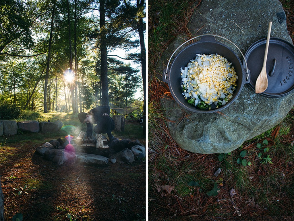 photo collage showing a man starting a fire and a pot of veggies for chili