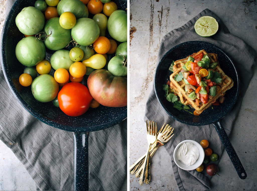 Savory Cheddar & Cornmeal Waffles With Green Tomato Salsa