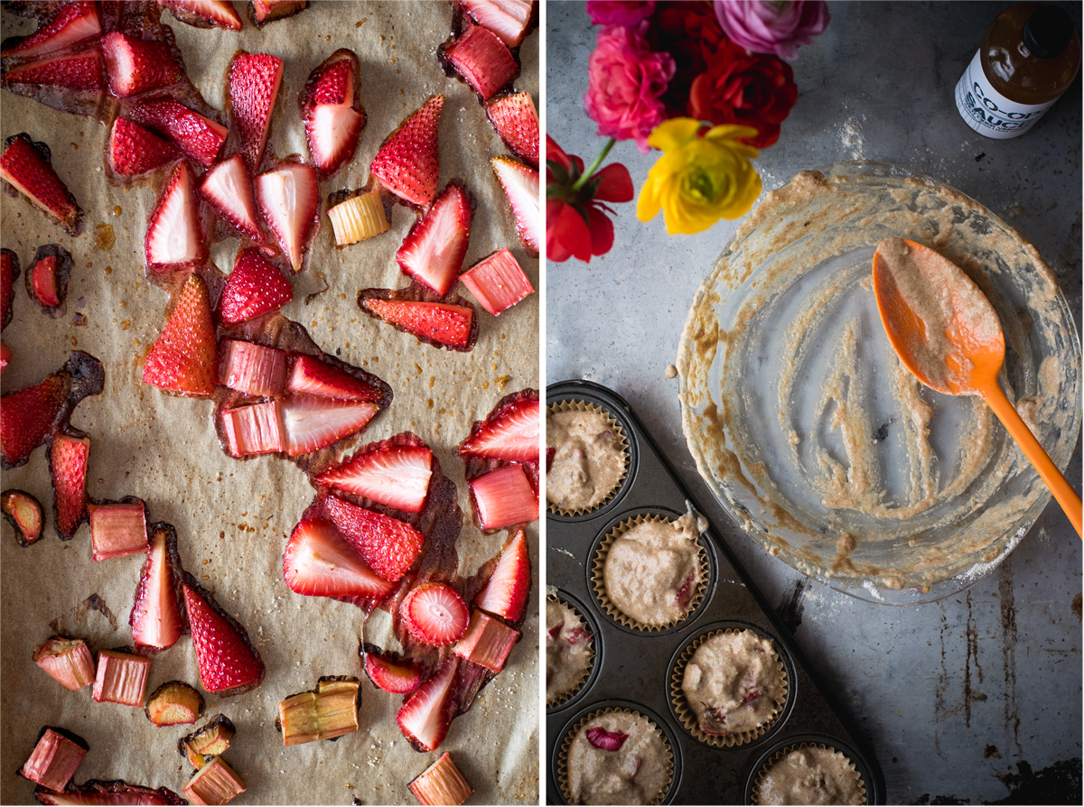 photo collage showing roasted fruit on baking tray and empty bowl with residual muffin batter in it 