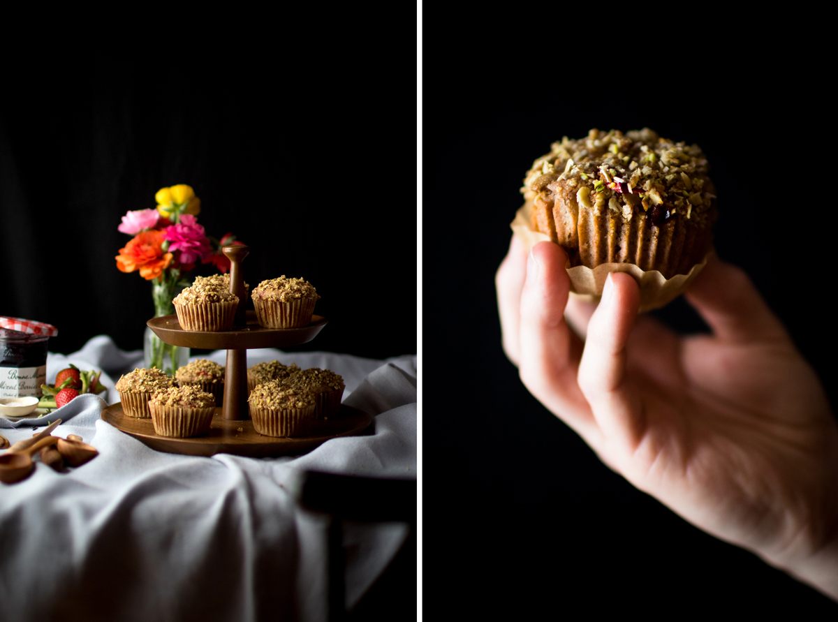 photo collage showing strawberry rhubarb muffins on wood cake stand next to hand holding a muffin