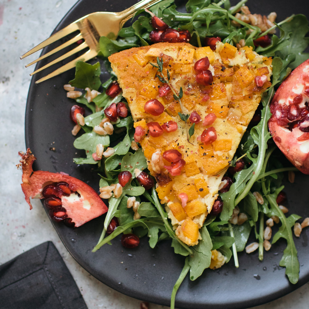 Butternut Squash Farinata With Arugula Salad & Pomegranate
