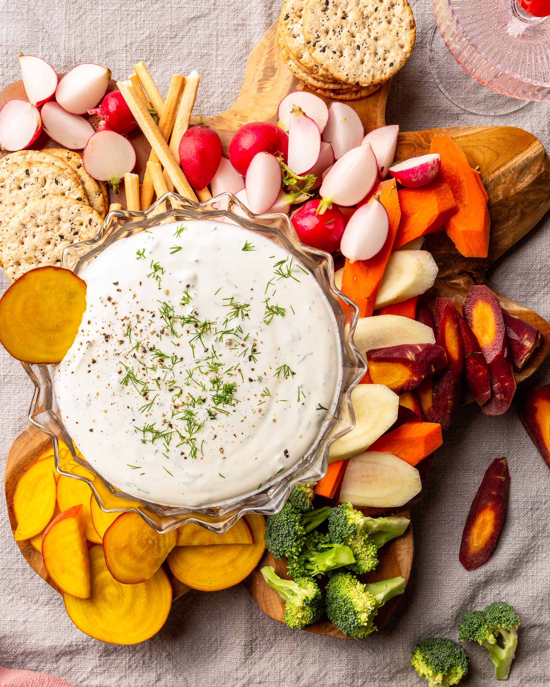overhead of buttermilk dill dip with veggies