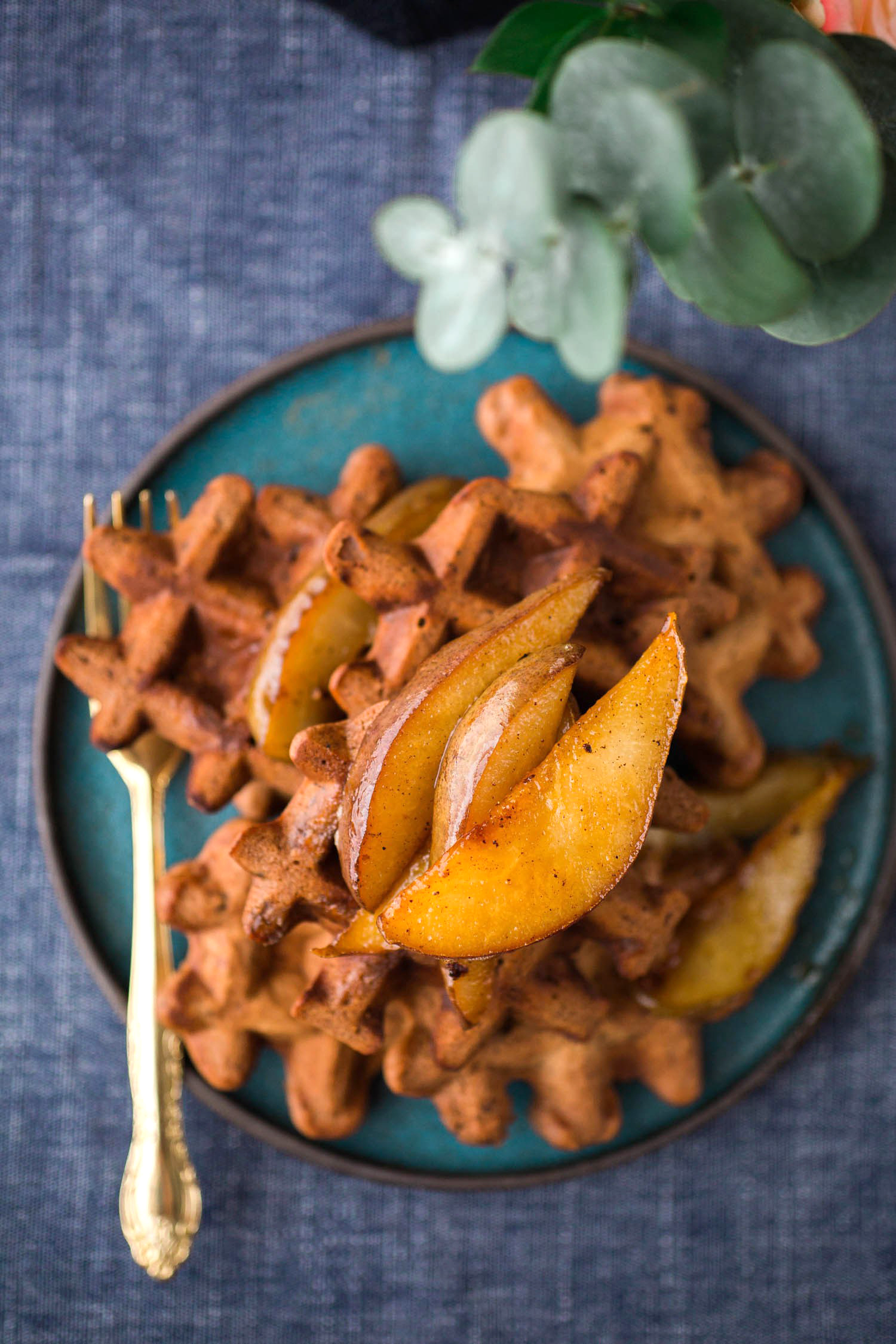 Vegan Cocoa Waffles With Caramelized Pears