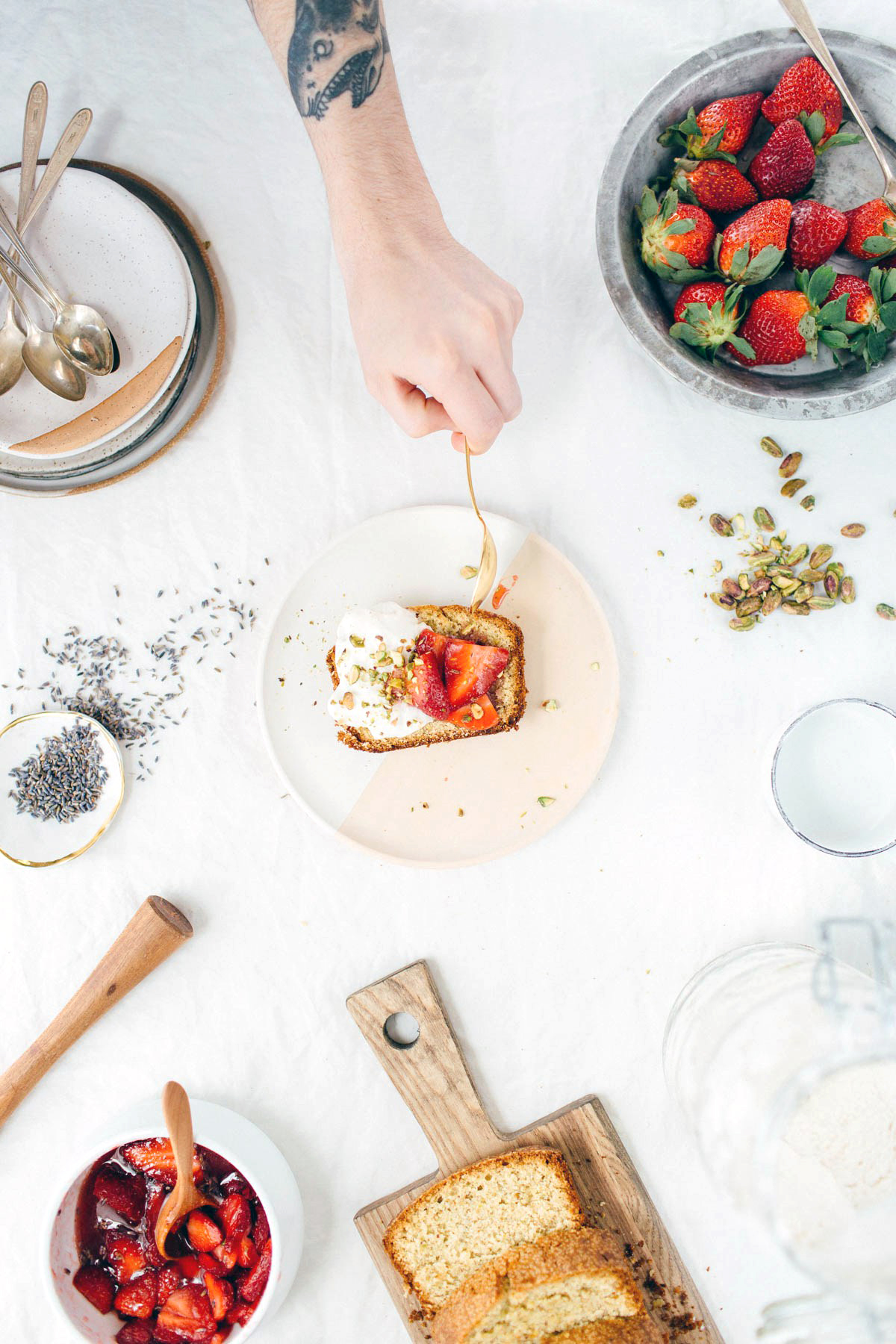 Pistachio Pound Cake with Strawberries in Lavender Sugar