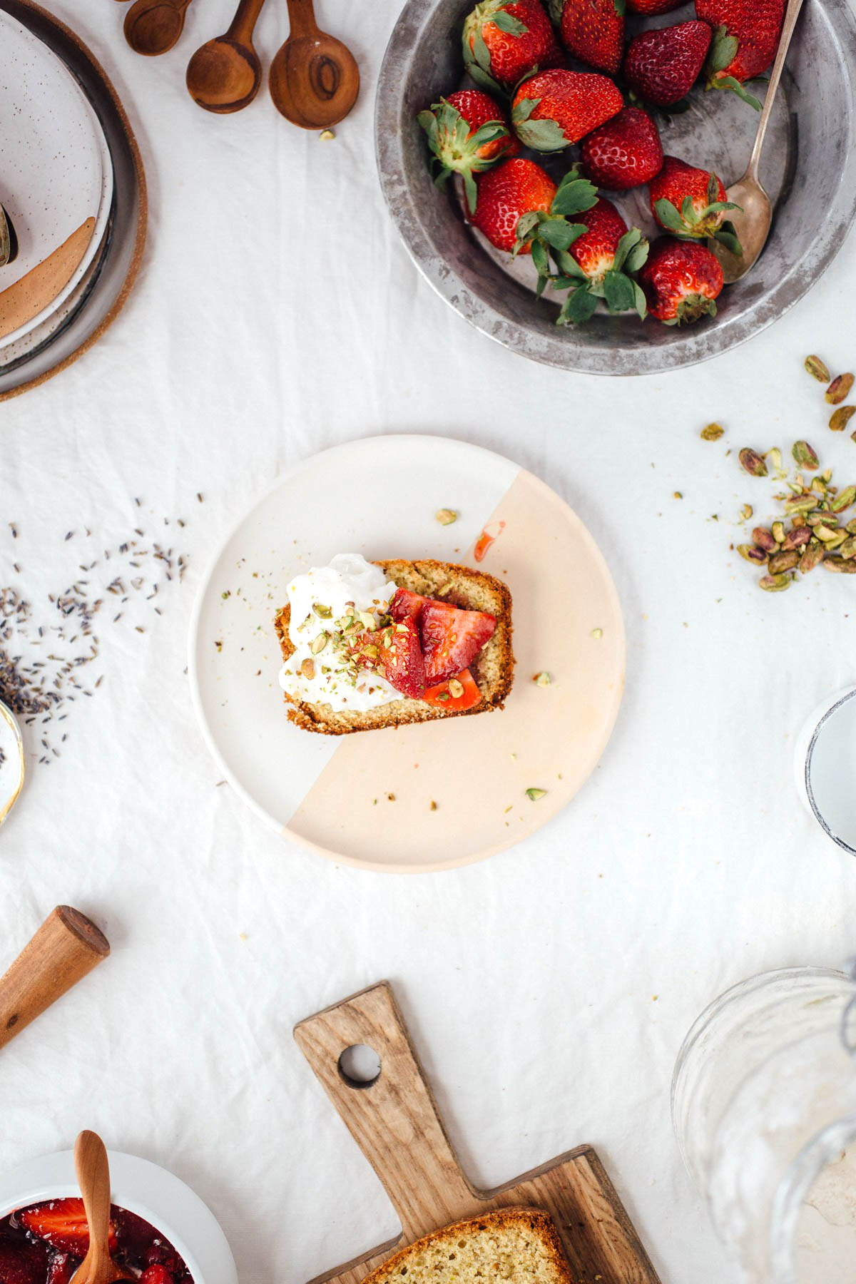 Pistachio Pound Cake with Strawberries in Lavender Sugar