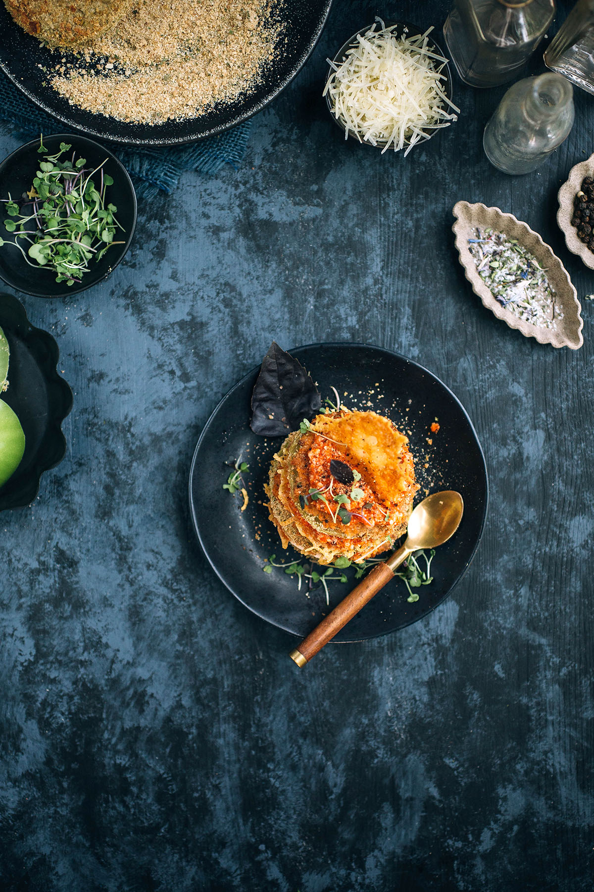 Green Tomato Parmesan Stacks with Red Pesto