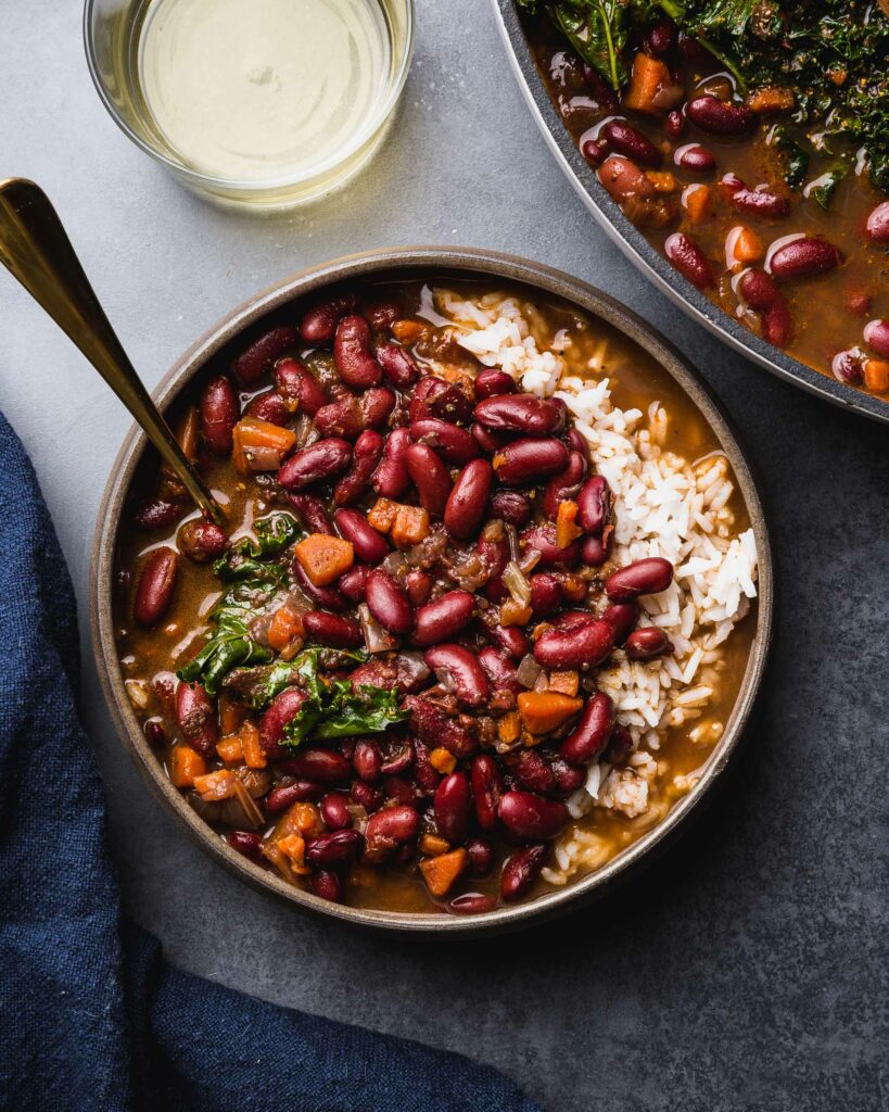 overhead of red beans and rice in serving bowl