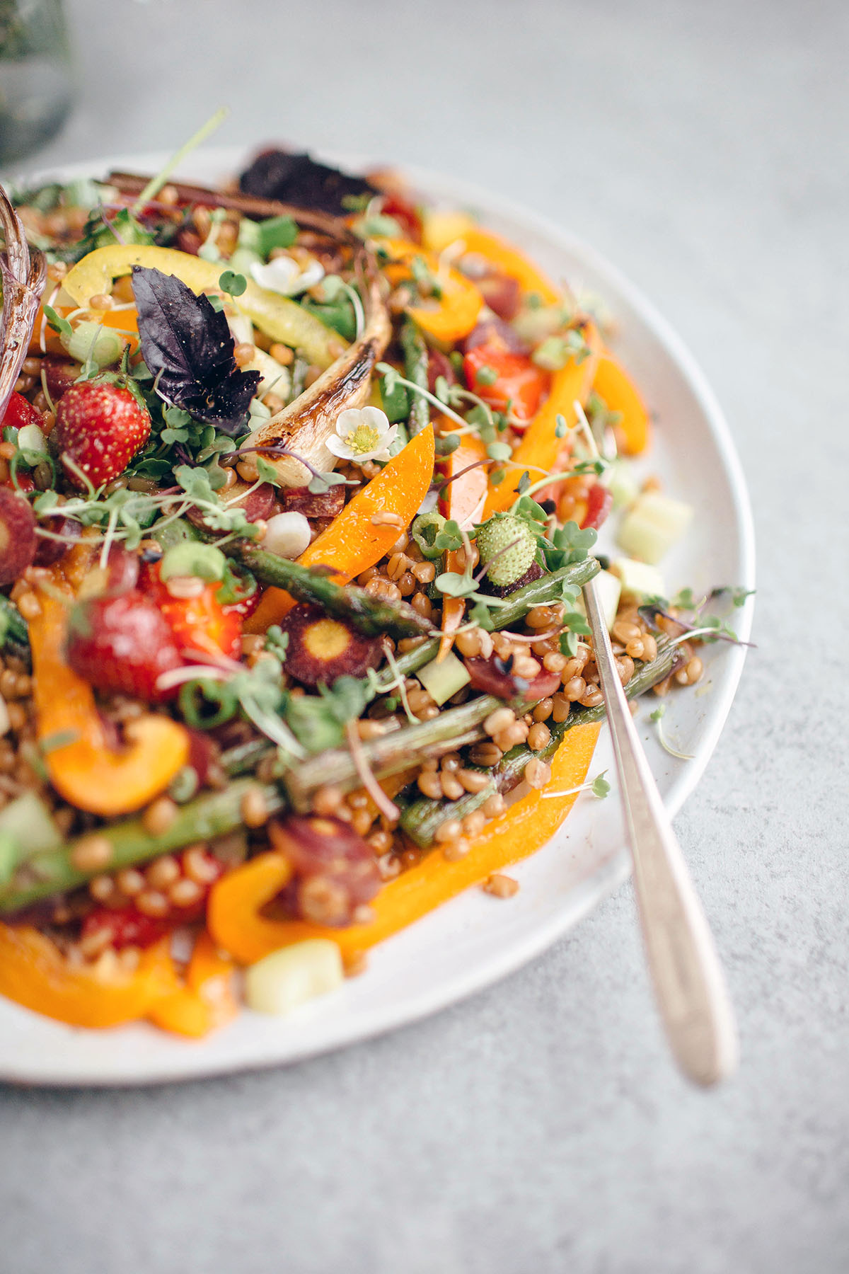 wheat berry salad on white serving plate