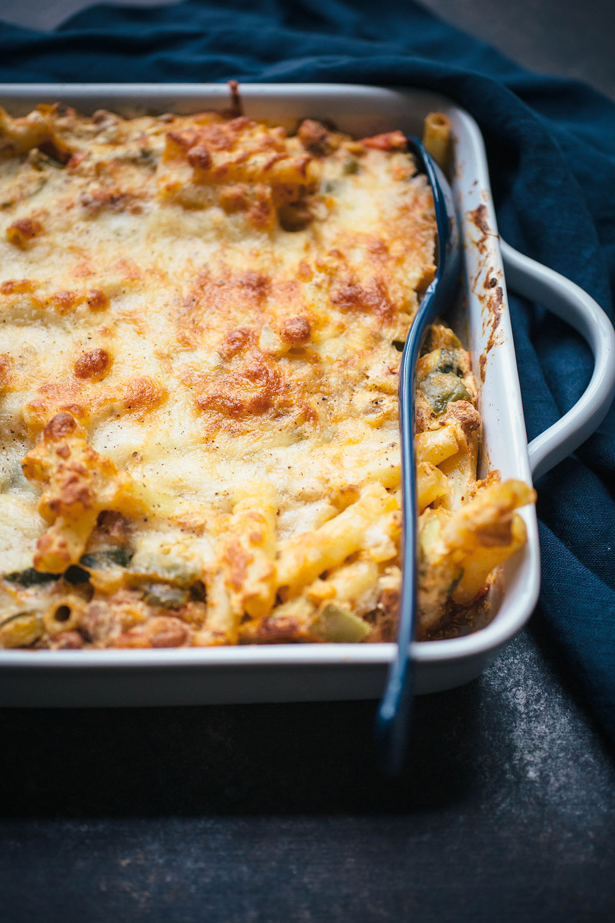 meatless baked ziti in white baking dish