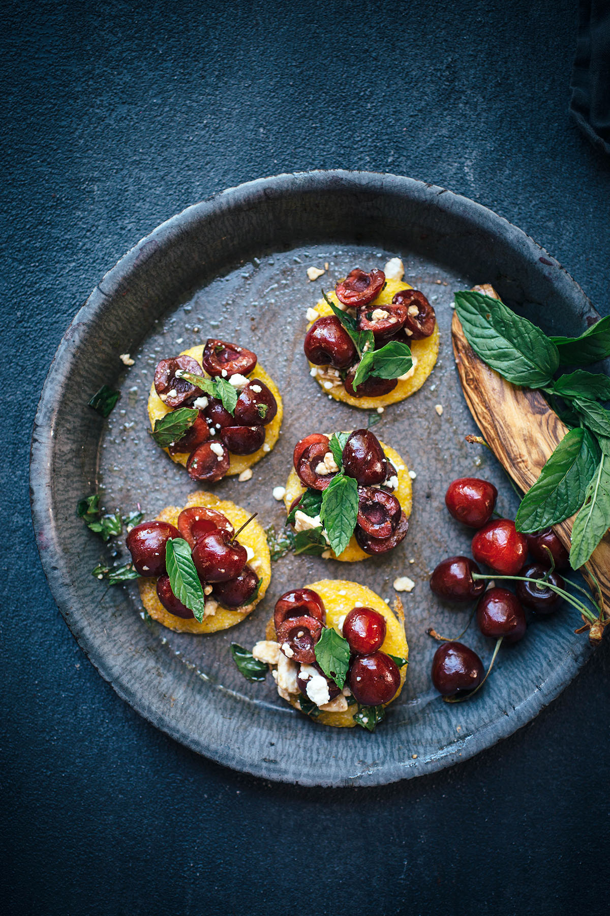 Cherry Mint Polenta Bruschetta