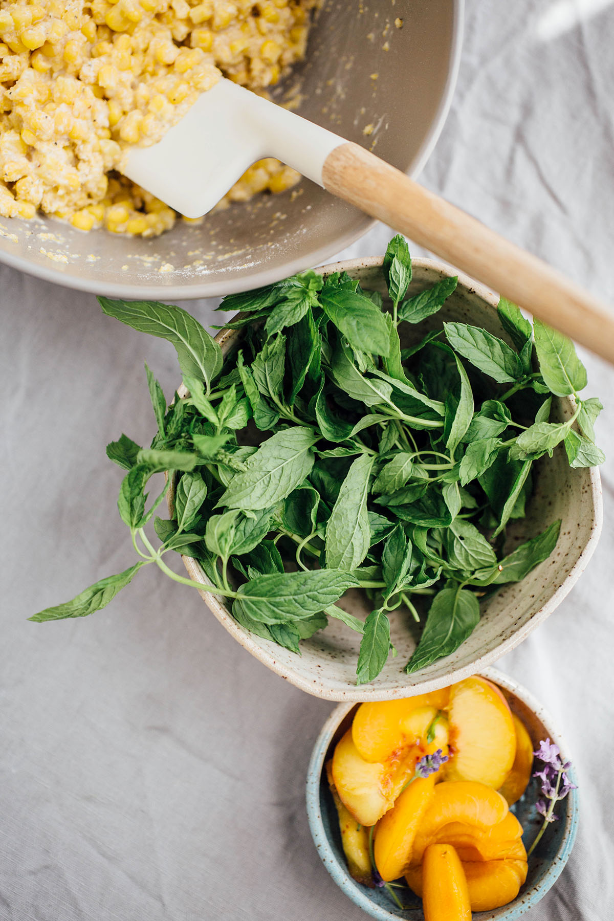 Corn Mint Fritters with Lavender Peaches