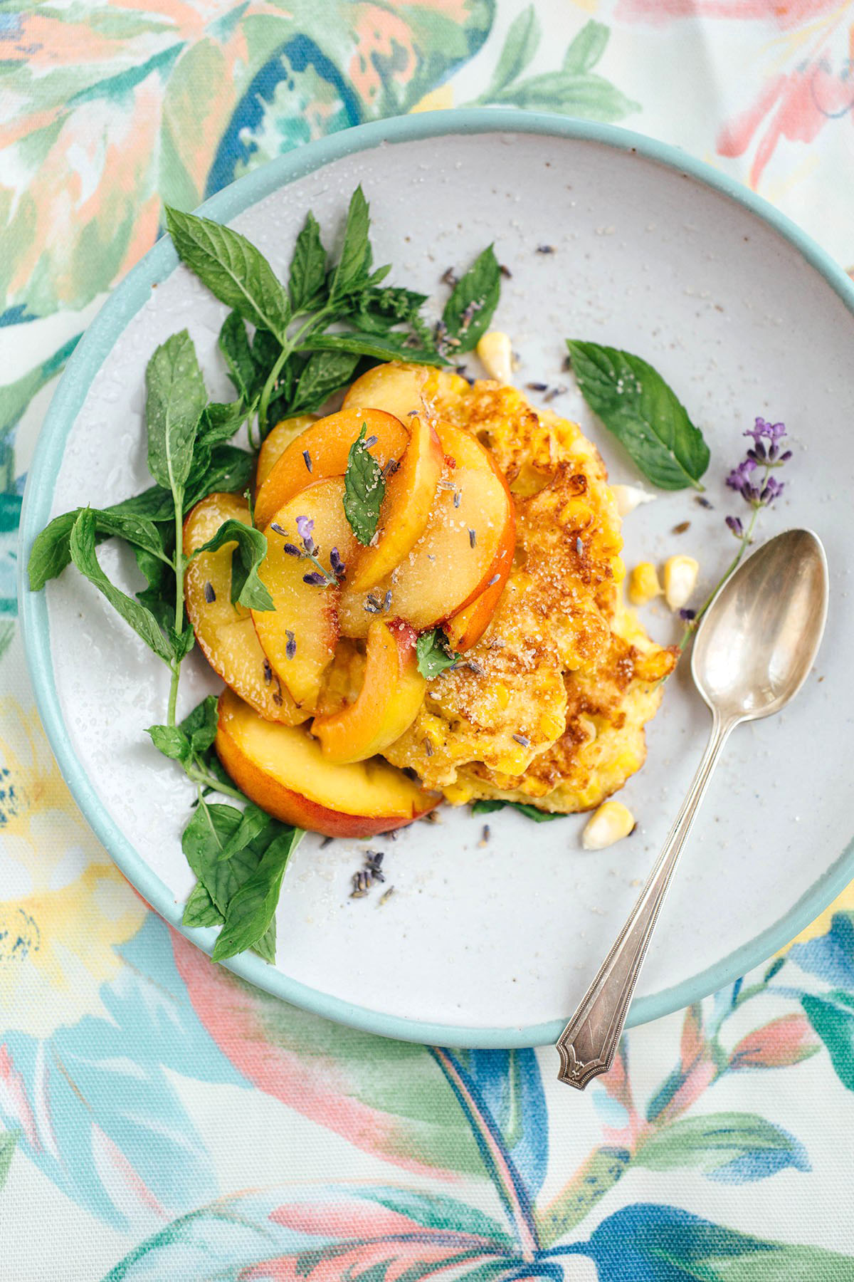 Corn Mint Fritters with Lavender Peaches