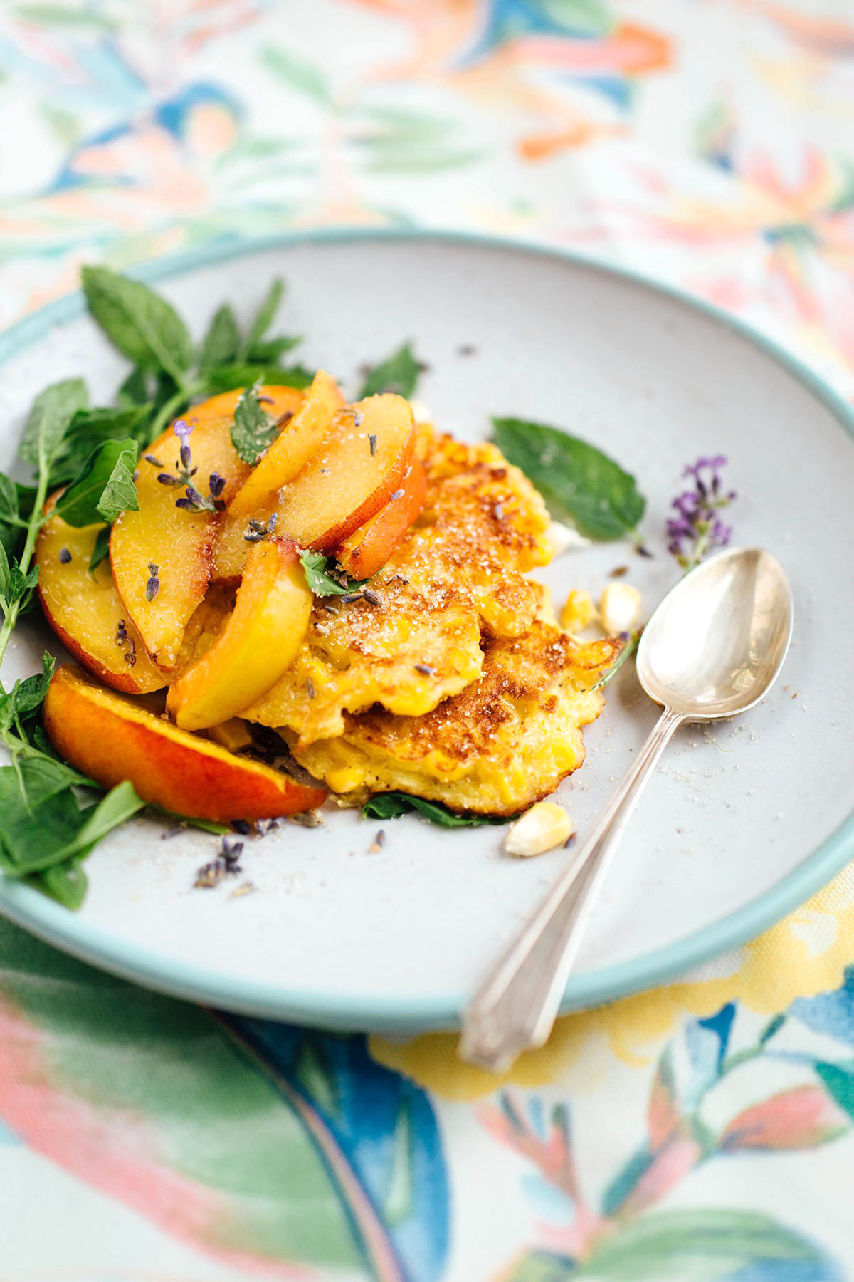 Corn Mint Fritters with Lavender Peaches