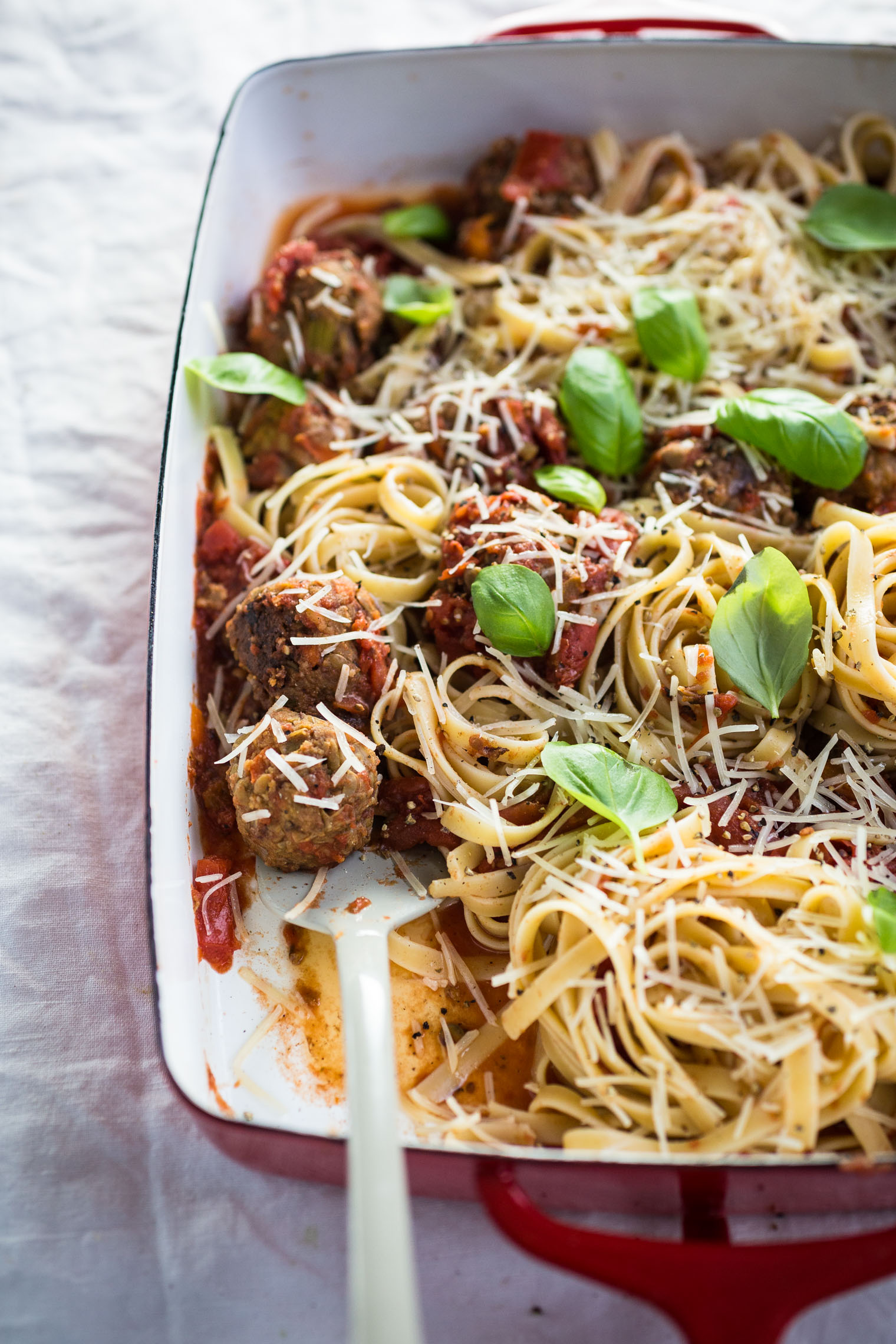 vegetarian meatballs and pasta in baking dish