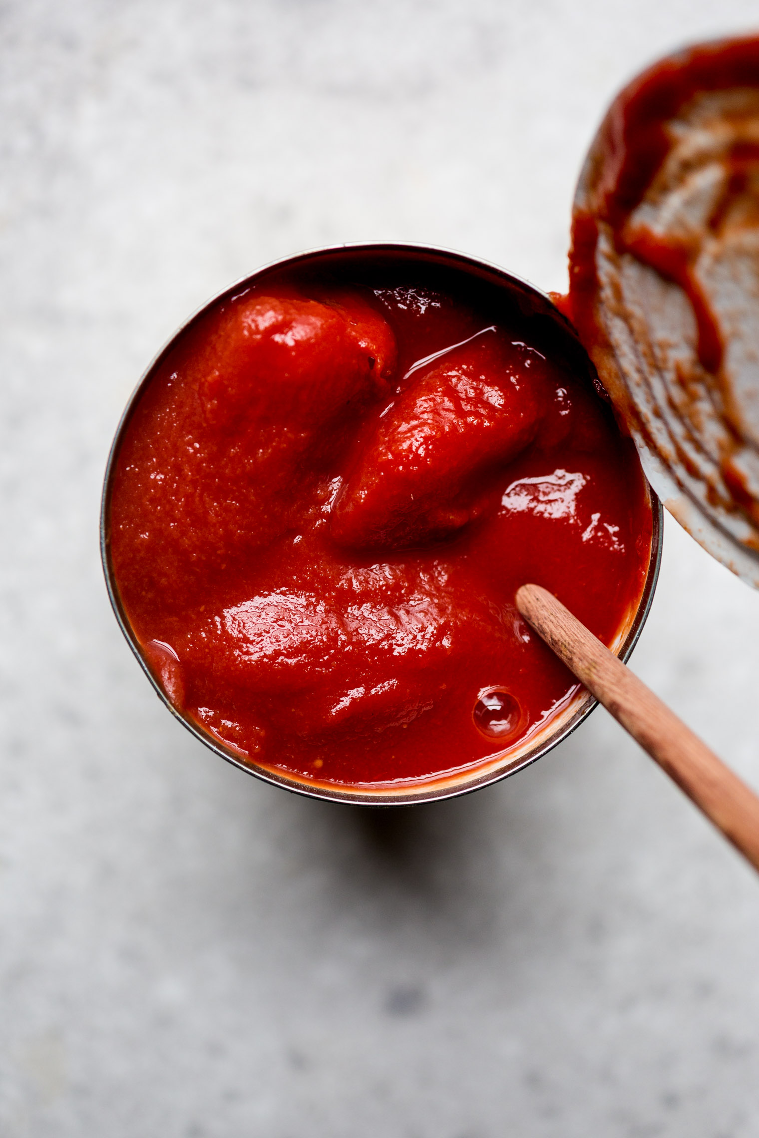 overhead view of canned tomatoes