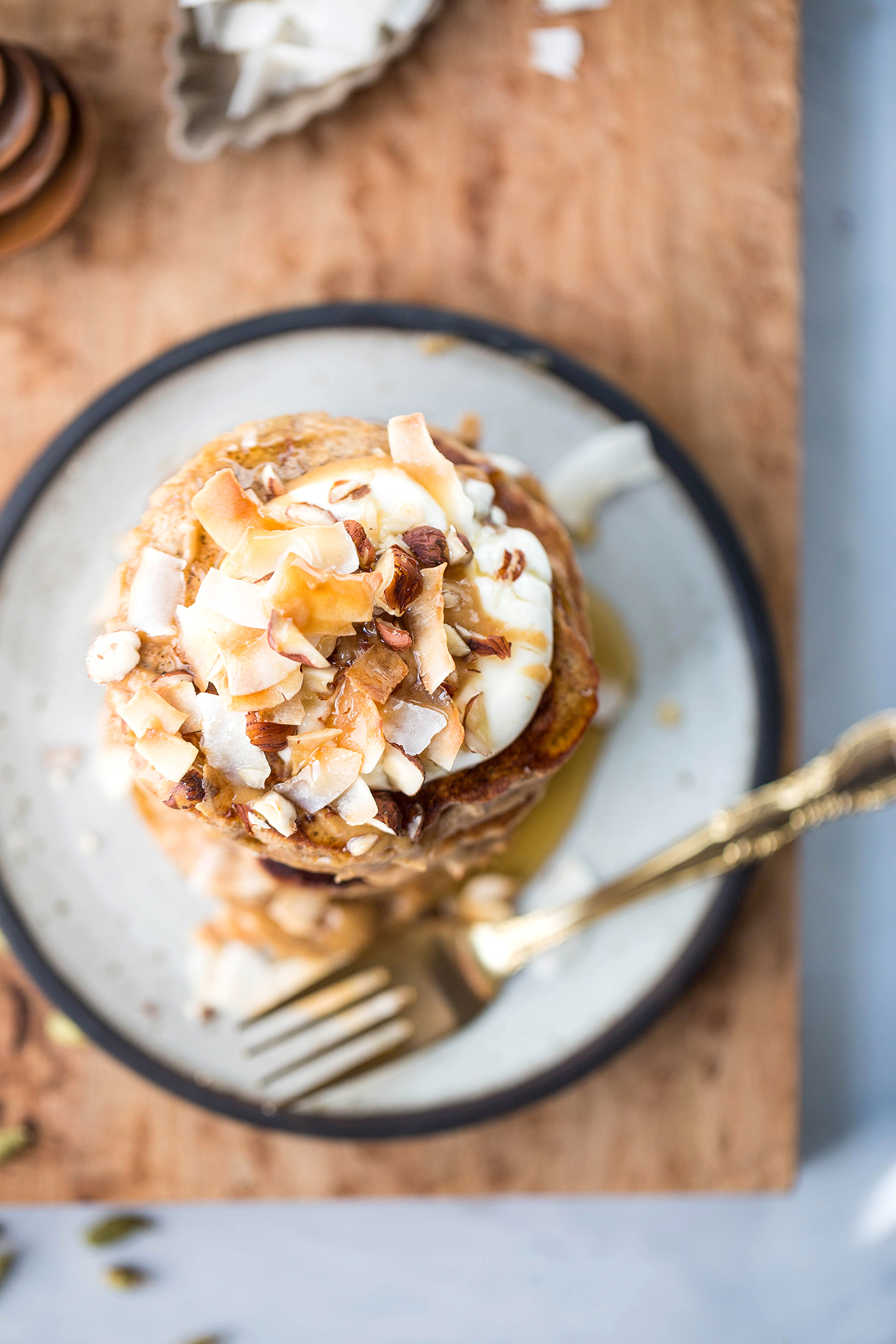 stack of banana bread pancakes seen from above