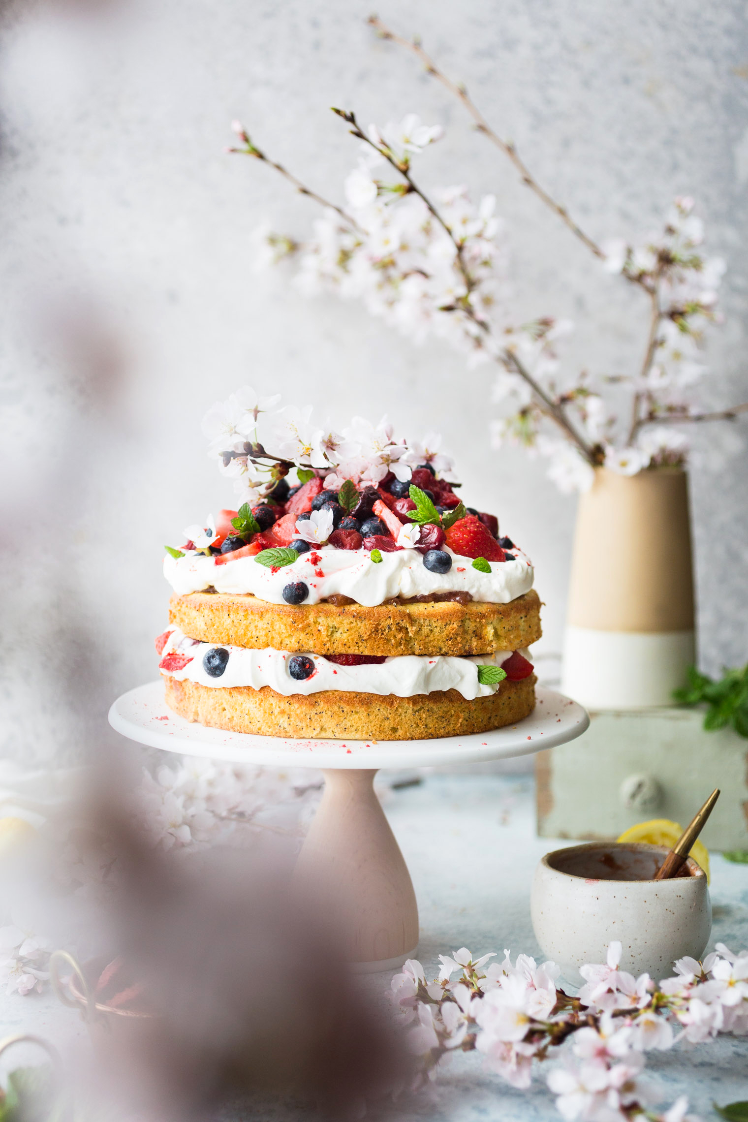 Berries and Cream Cake with Strawberry Rhubarb Marmalade