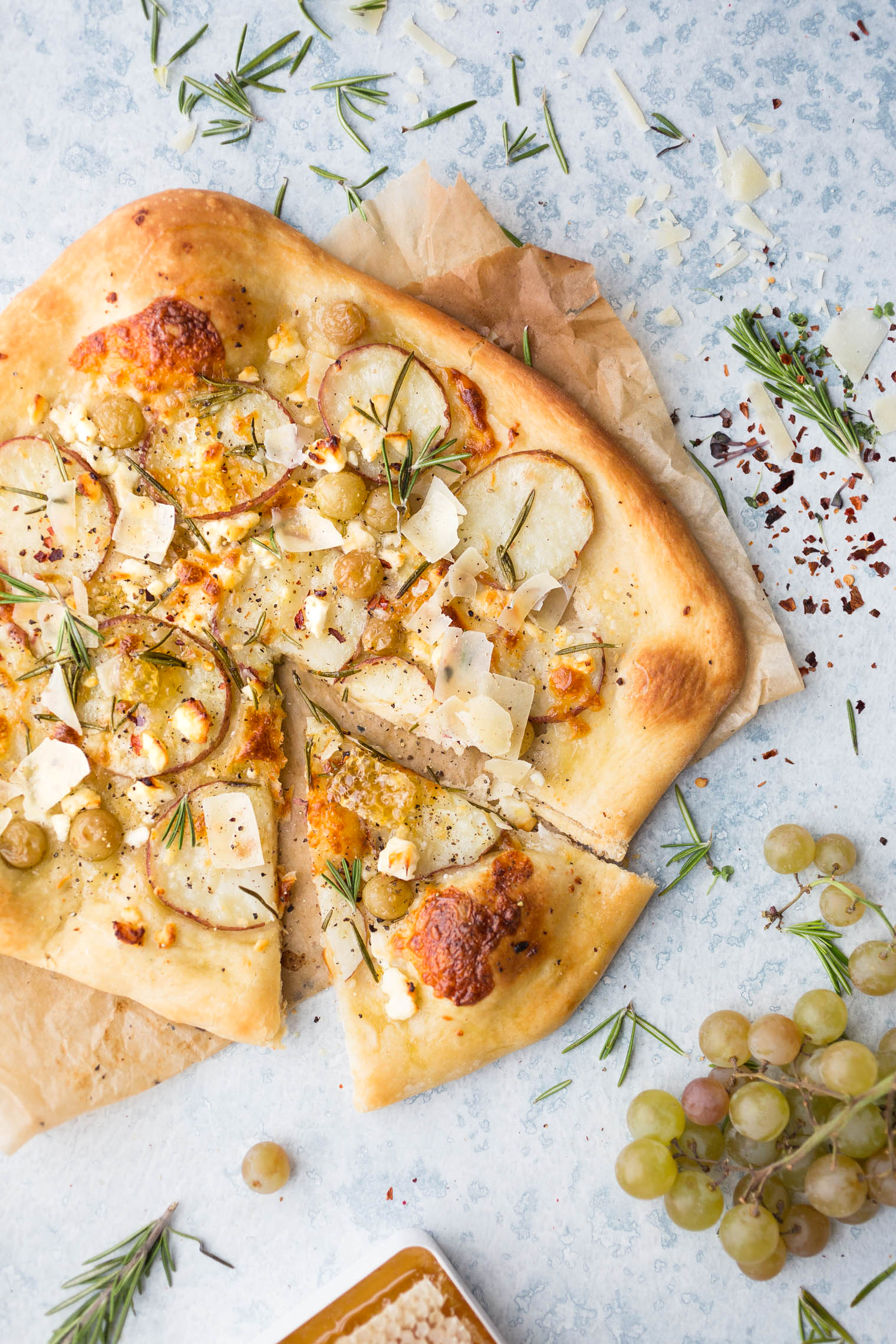 Sweet and Savory Vegetarian Potato Grape and Rosemary Pizza Recipe