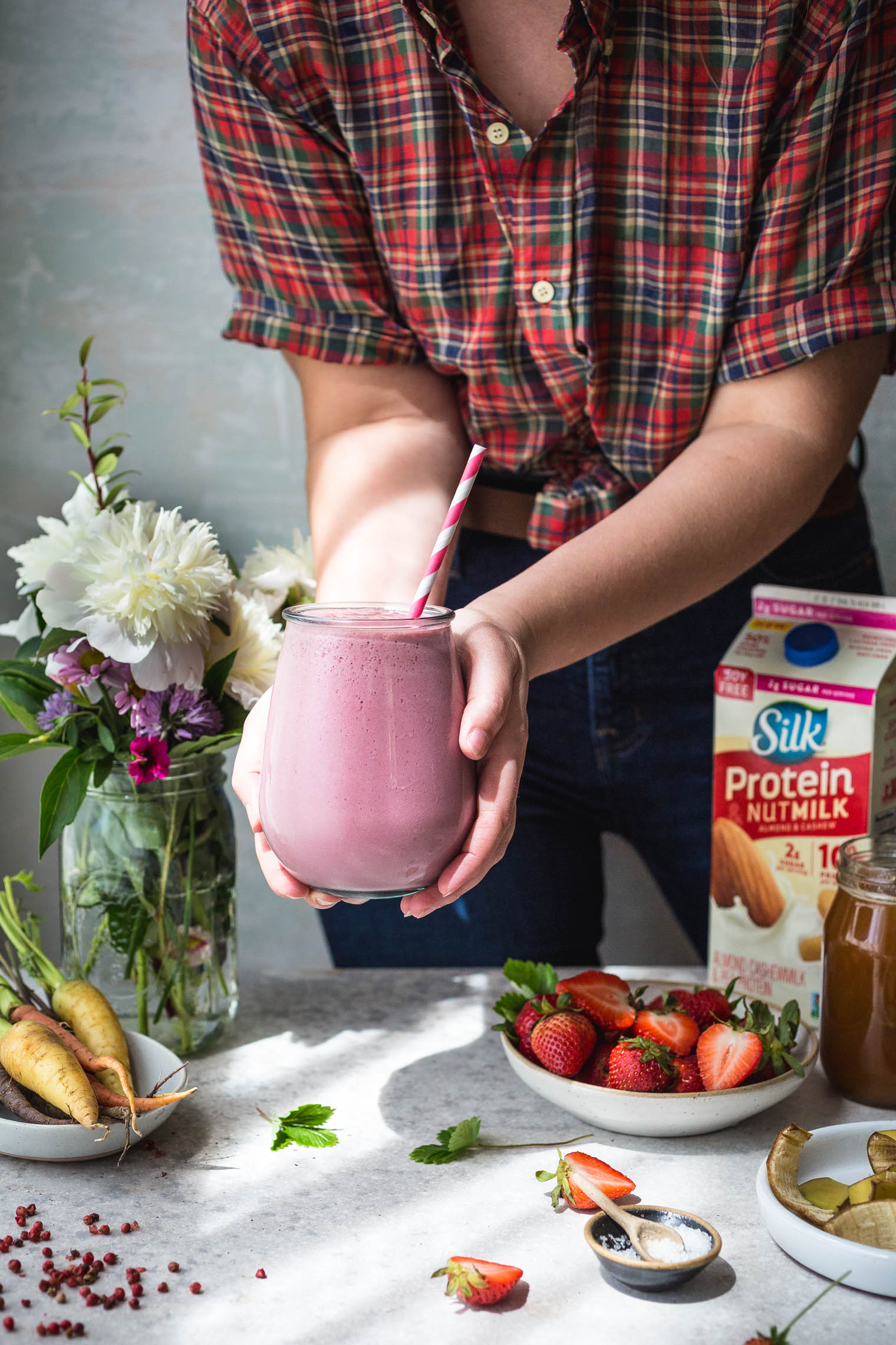 Strawberry Pink Peppercorn Protein Smoothie