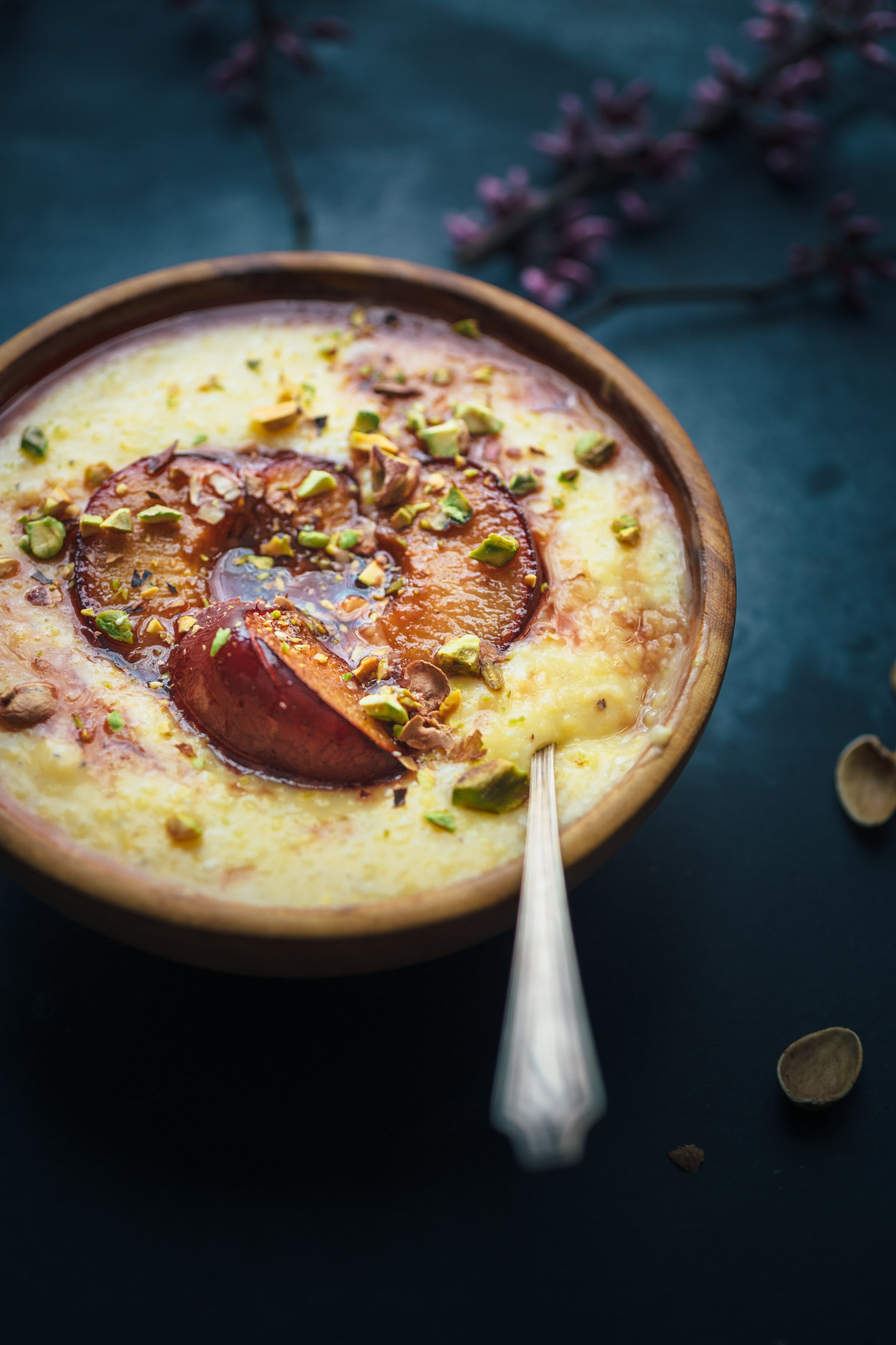 Vegan Breakfast Polenta with Rose-Roasted Plums