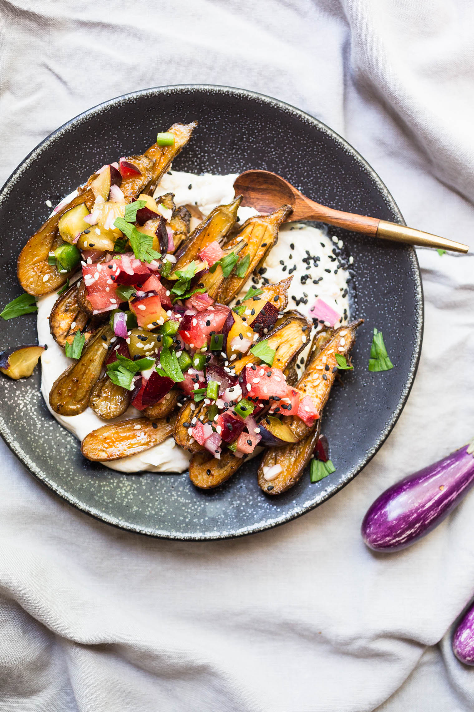 Roasted Miniature Eggplant with Creamy Tahini and Plum Salsa