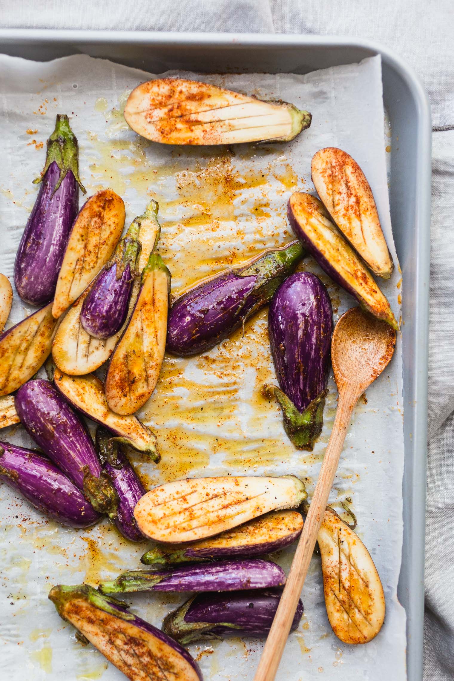 Roasted Miniature Eggplant with Creamy Tahini and Plum Salsa