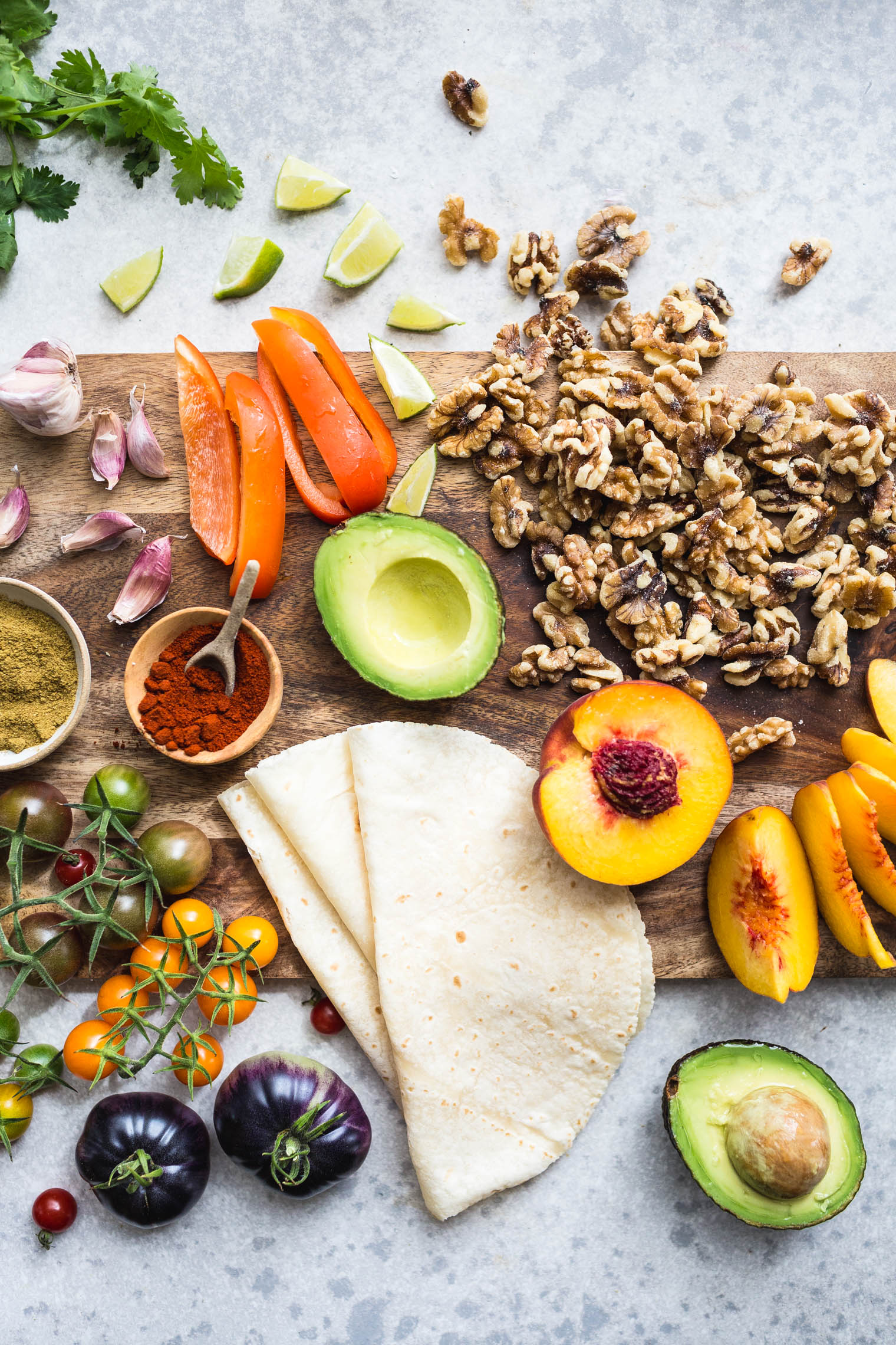 Walnut Meat Tacos with Peach Tomato Salsa