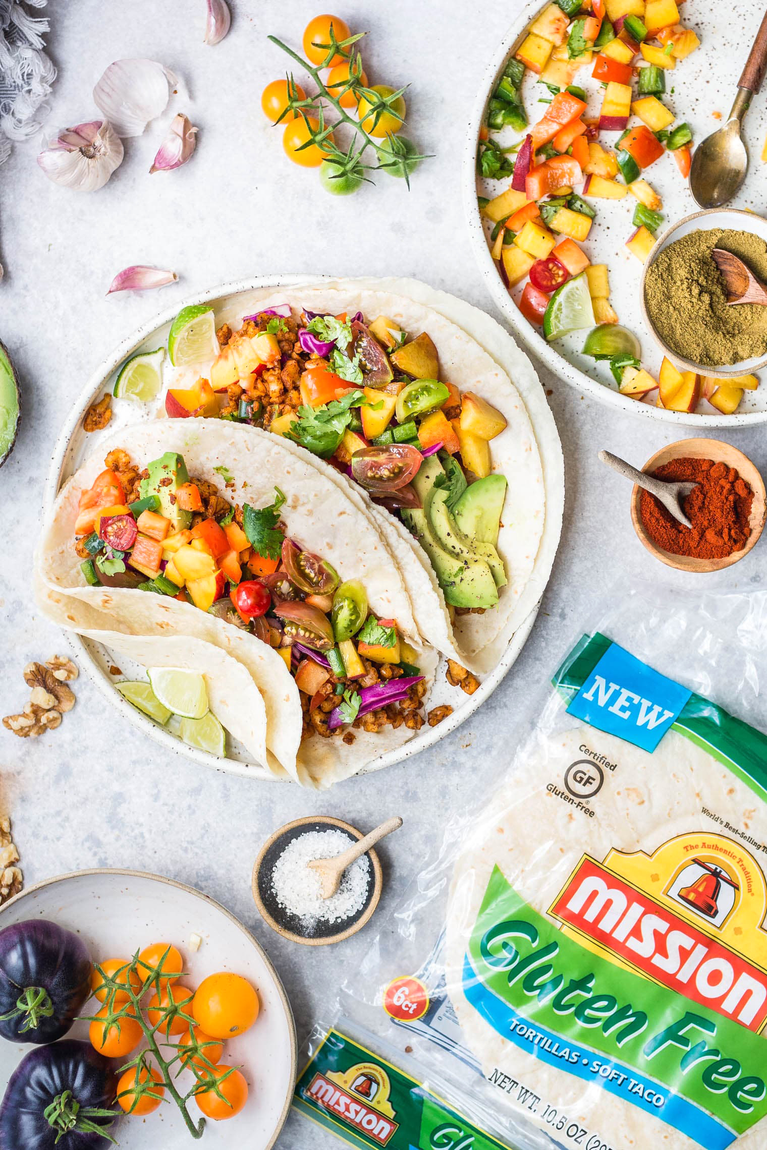 Walnut Meat Tacos with Peach Tomato Salsa