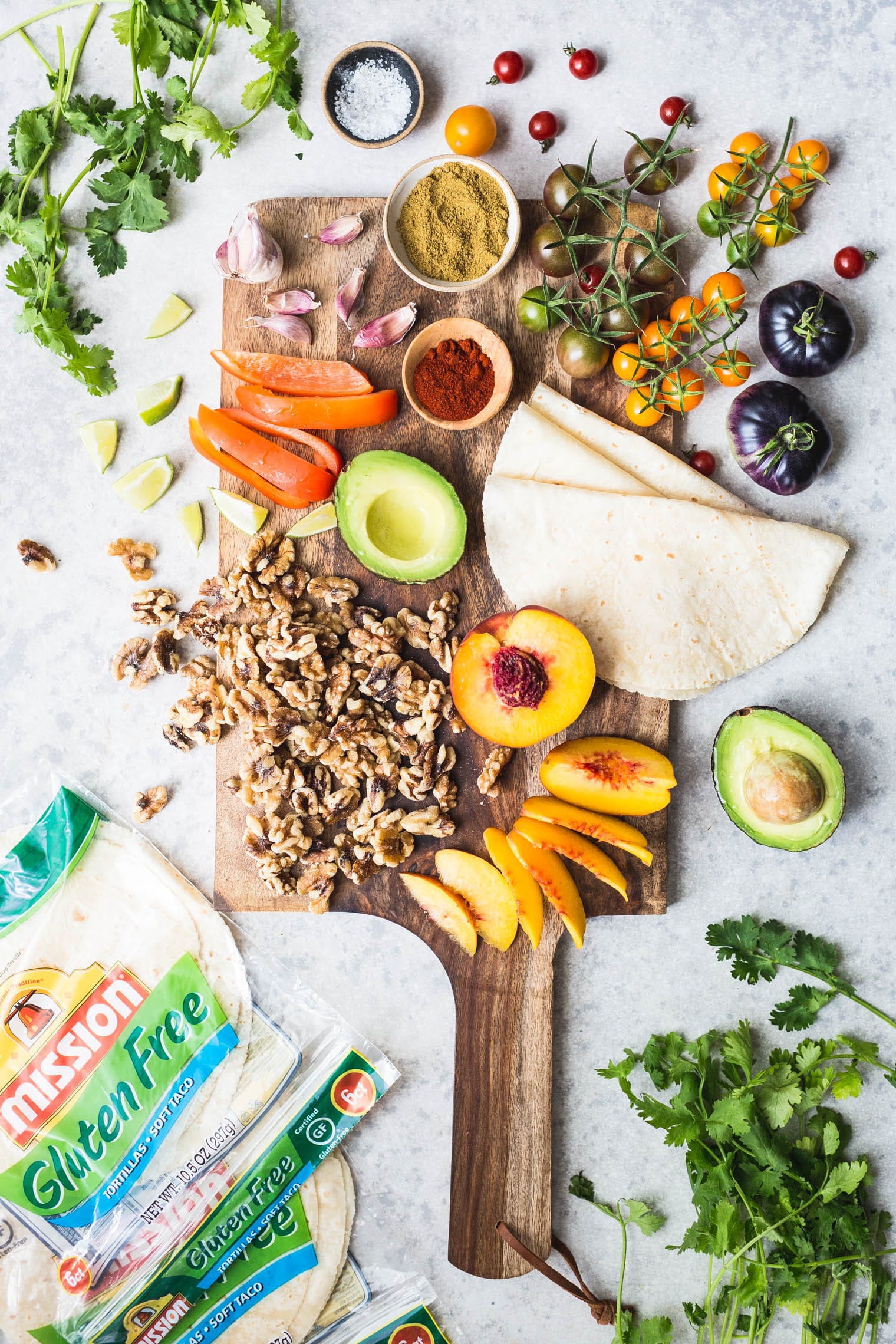 Walnut Meat Tacos with Peach Tomato Salsa