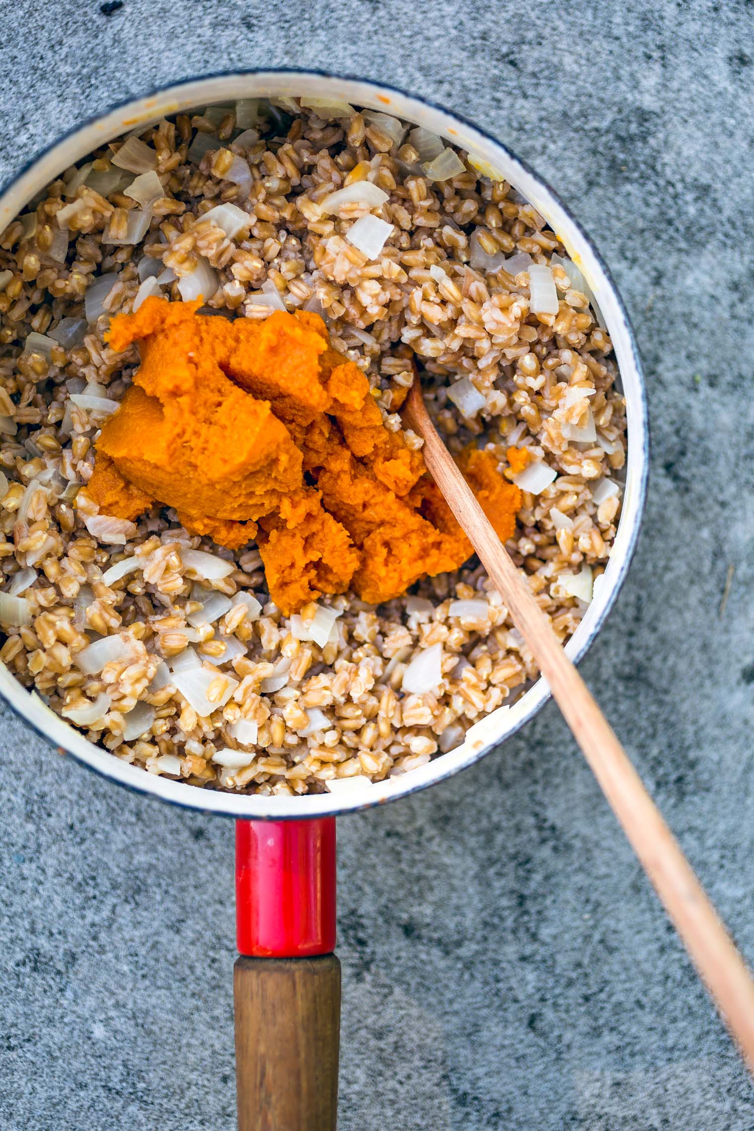 Pumpkin Farro Risotto with Roasted Winter Vegetables