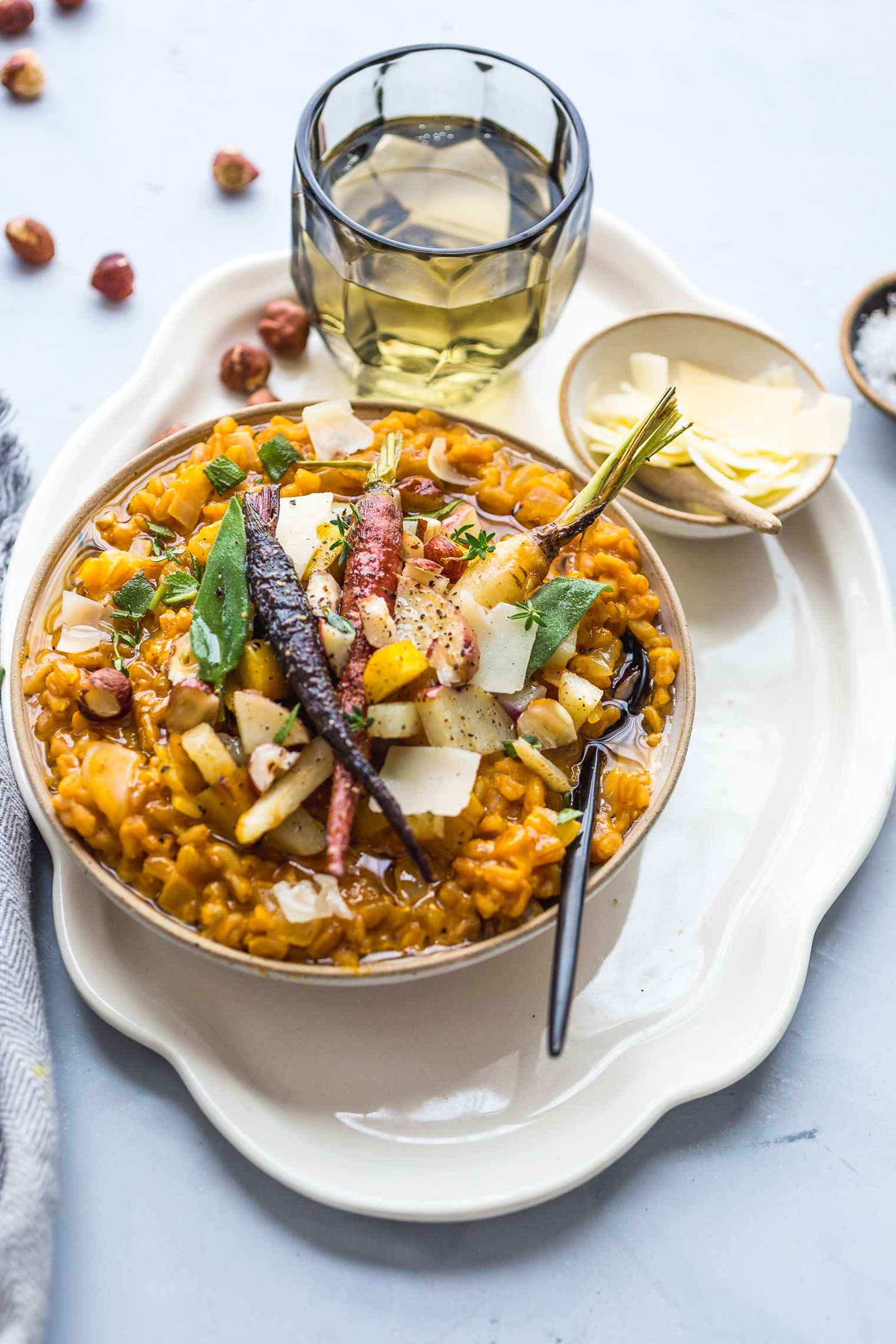 Pumpkin Farro Risotto with Roasted Winter Vegetables