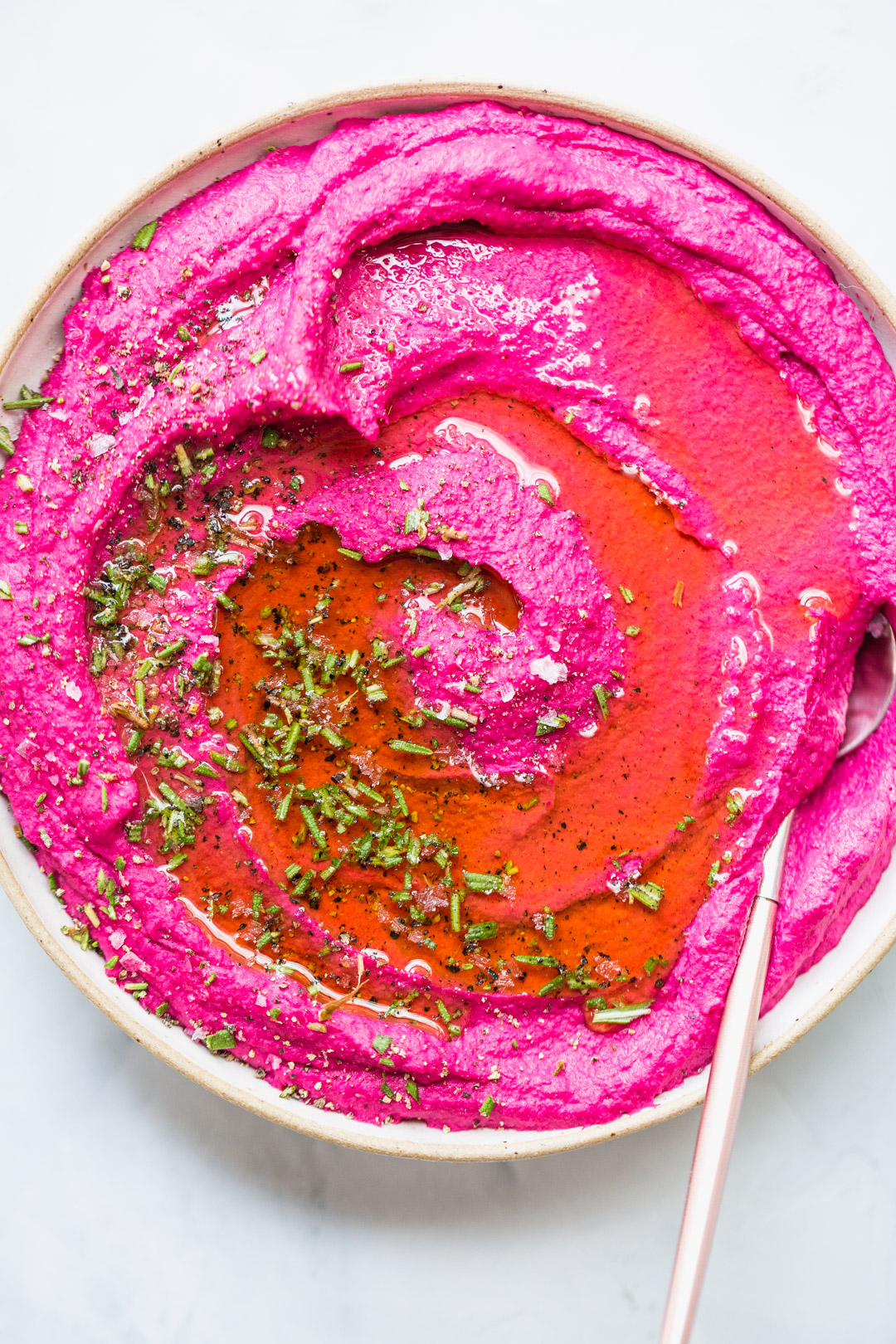 Roasted Beet Hummus with Hazelnut Oil & Rosemary