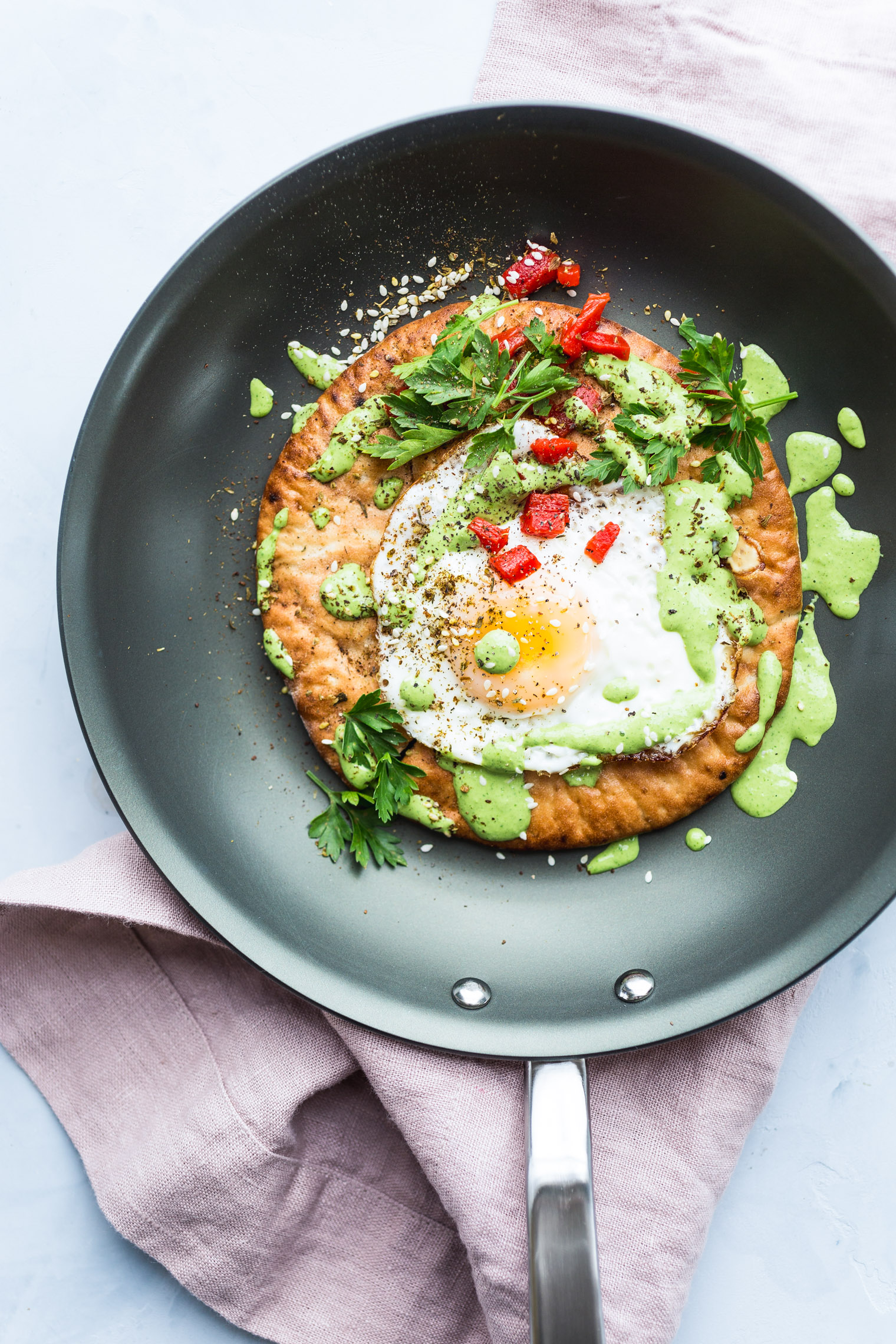 Fried Eggs with Green Tahini and Pita