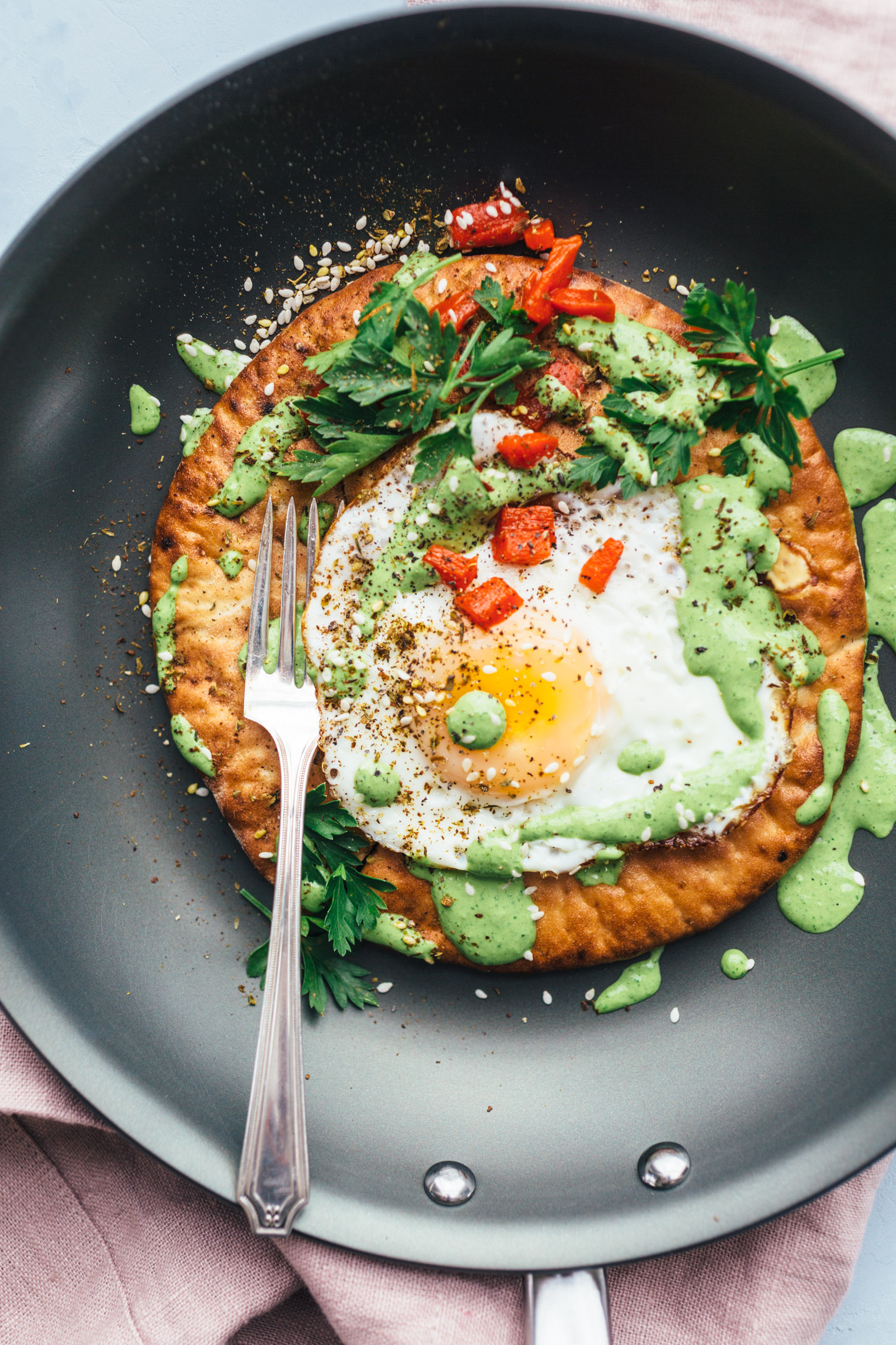 Fried Eggs with Green Tahini and Pita