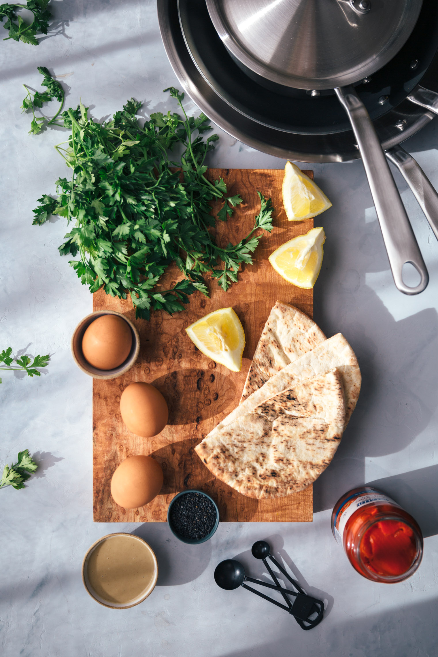 Fried Eggs with Green Tahini and Pita