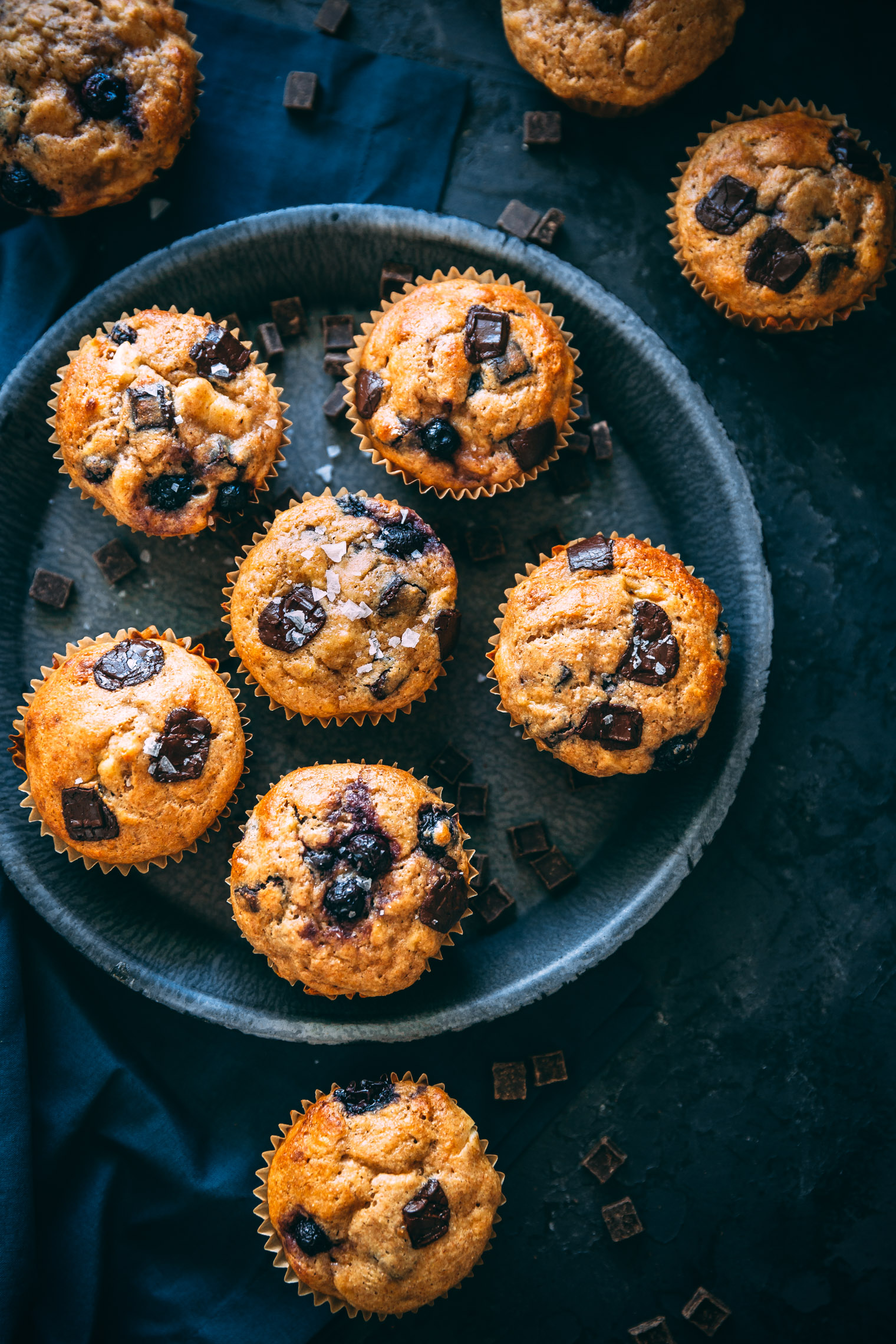 banana chocolate blueberry muffins in dark pie plate