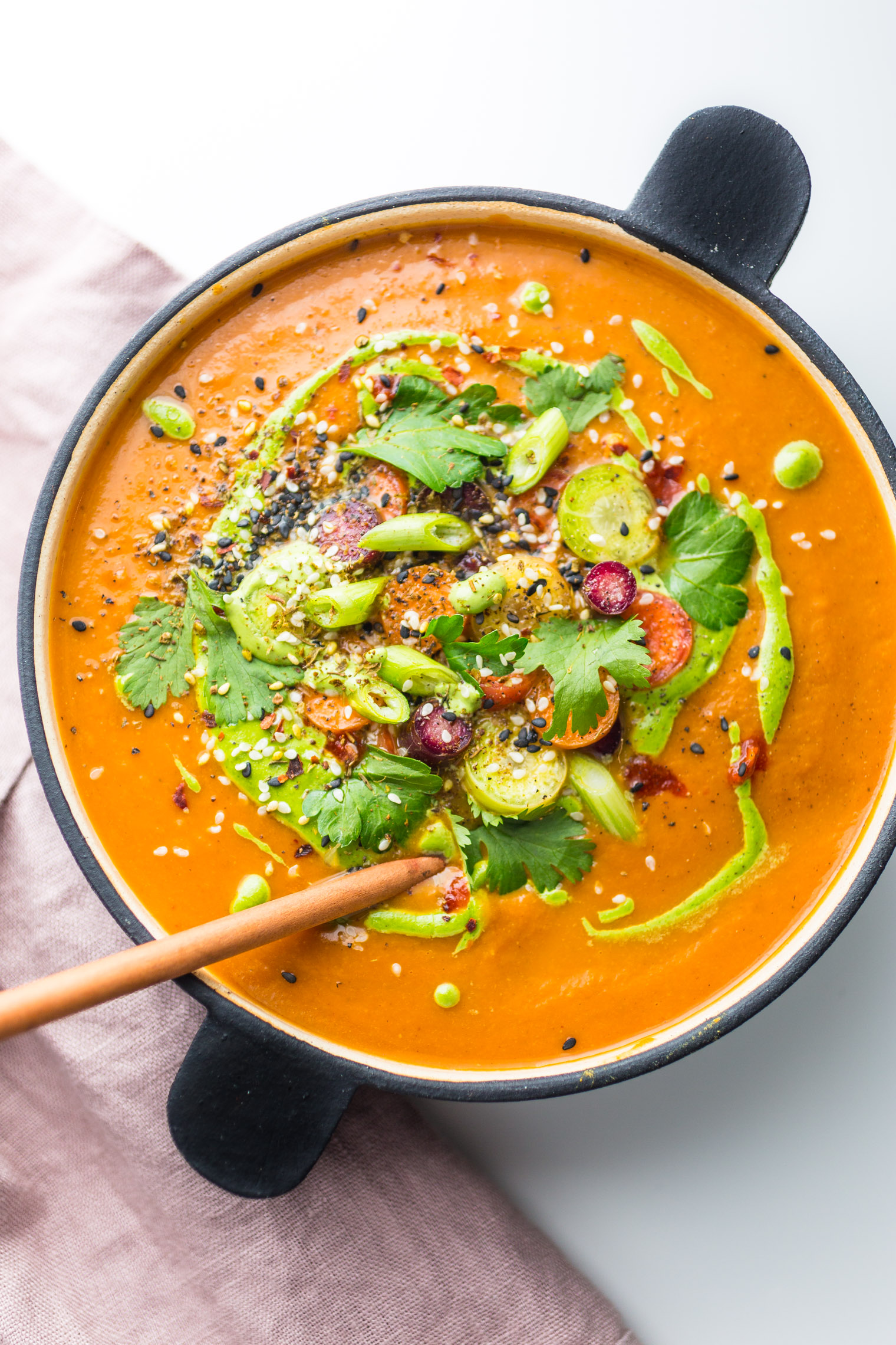 Spiced Carrot Soup with Green Tahini Swirl