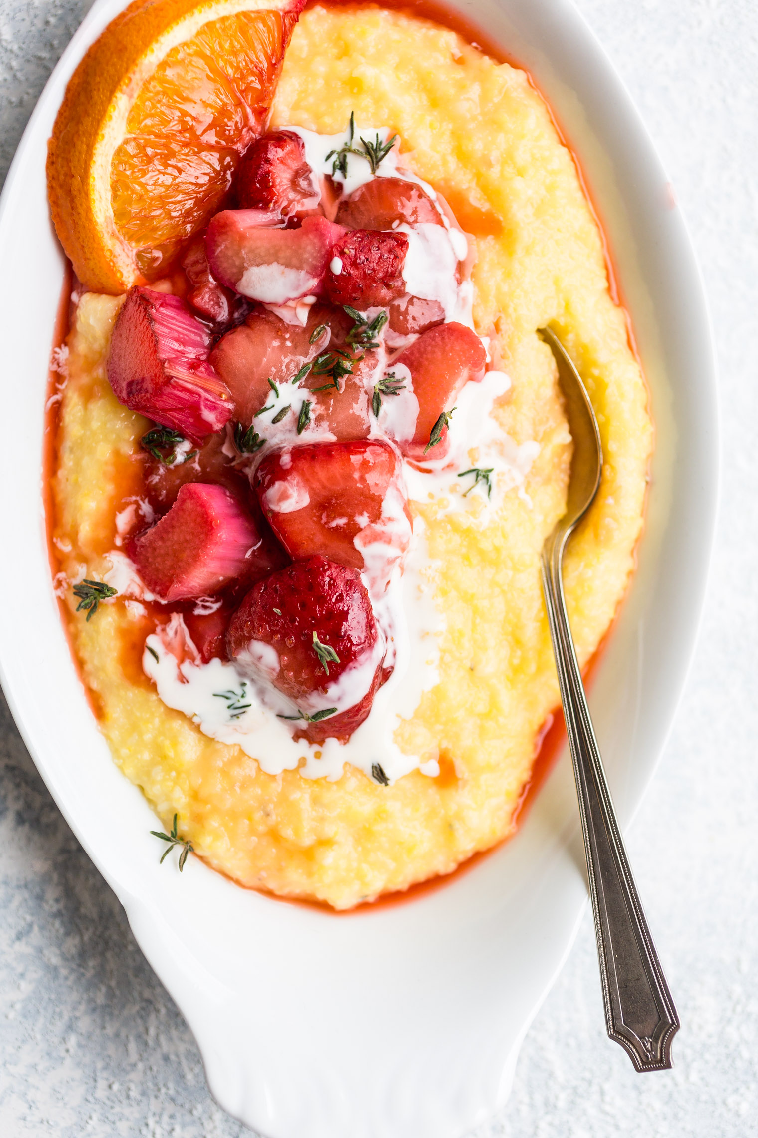 Roasted Strawberry and Rhubarb Grits with Toasted Pecans