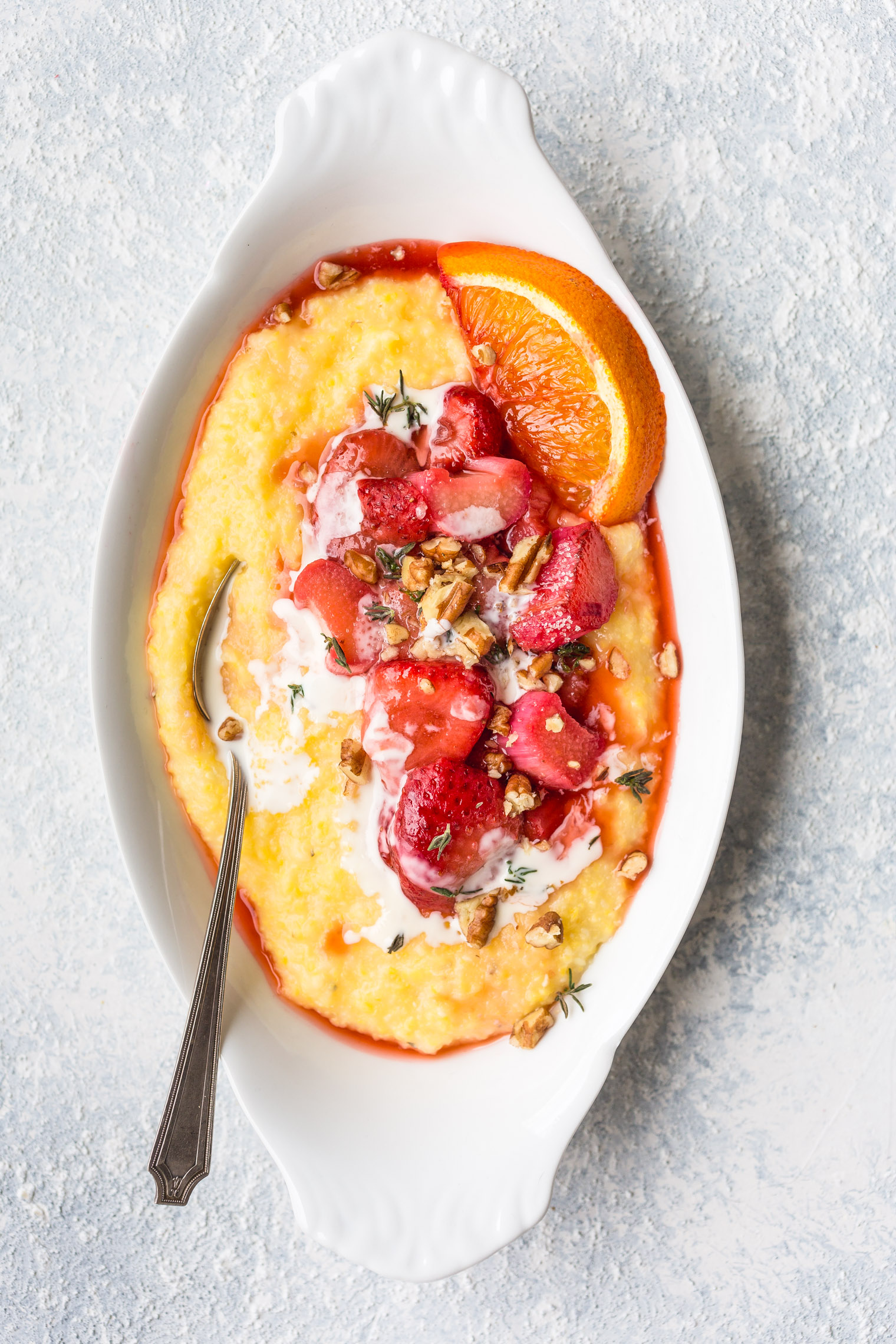 Roasted Strawberry and Rhubarb Grits with Toasted Pecans