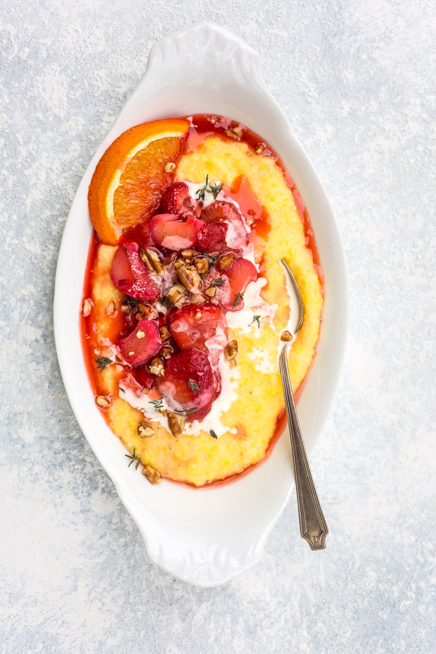 Roasted Strawberry and Rhubarb Grits with Toasted Pecans