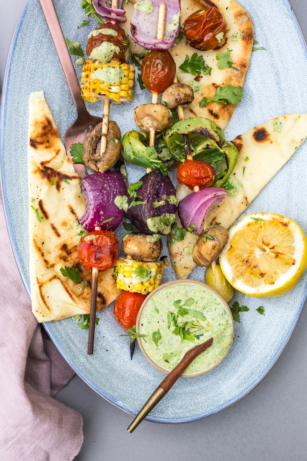 Grilled Veggies with Cilantro Yogurt Sauce & Grilled Pita