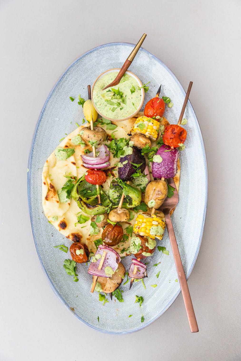 Grilled Veggies with Cilantro Yogurt Sauce & Grilled Pita