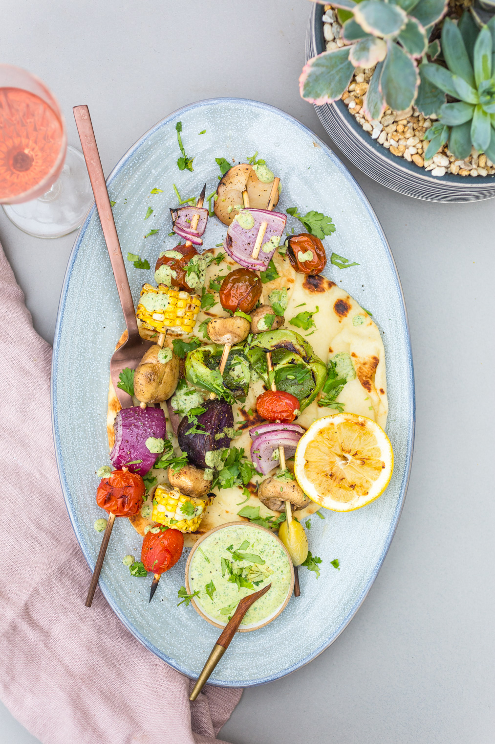 Grilled Veggies with Cilantro Yogurt Sauce & Grilled Pita