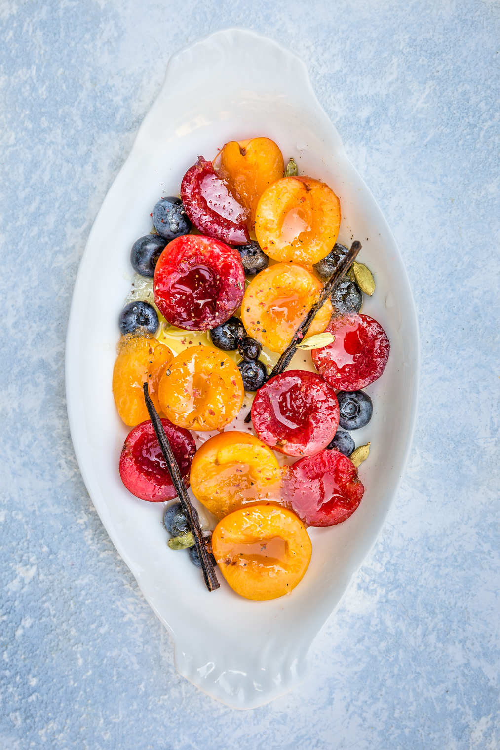 Roasted Plums and Blueberries with Cardamom and Vanilla