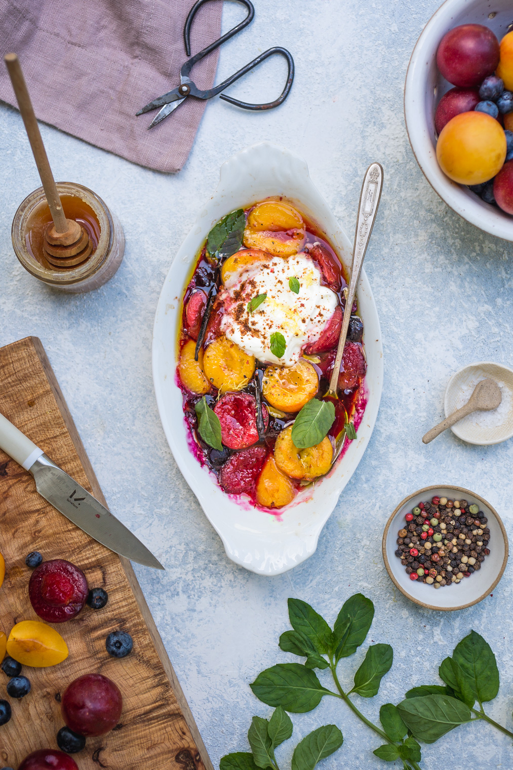 Roasted Plums and Blueberries with Cardamom and Vanilla